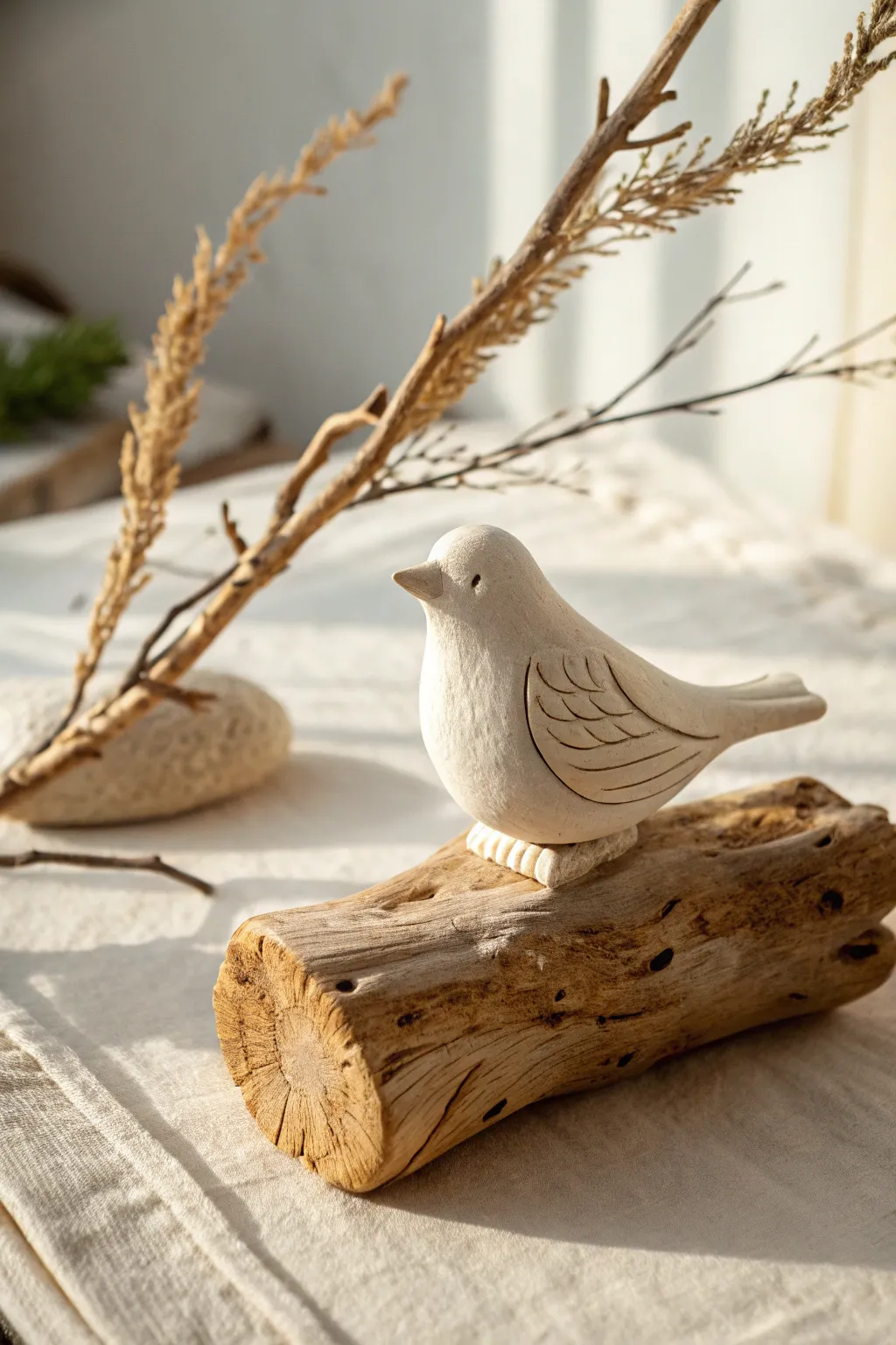 Tiny ceramic bird perched on a textured branch, minimalist and warm with handcrafted charm.