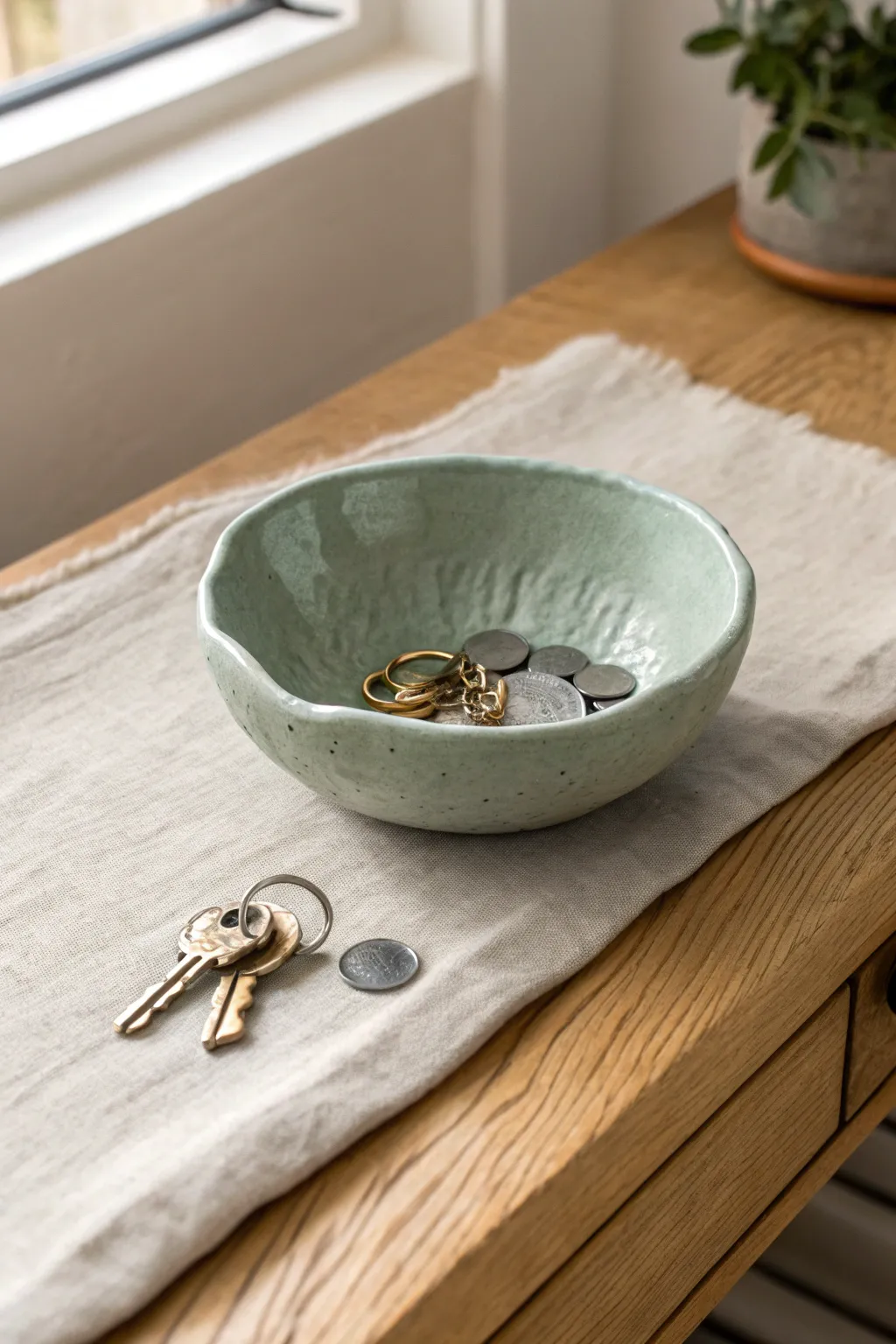 Hand-pinched air-dry clay catchall bowl in muted sage, perfect for keys and loose change.