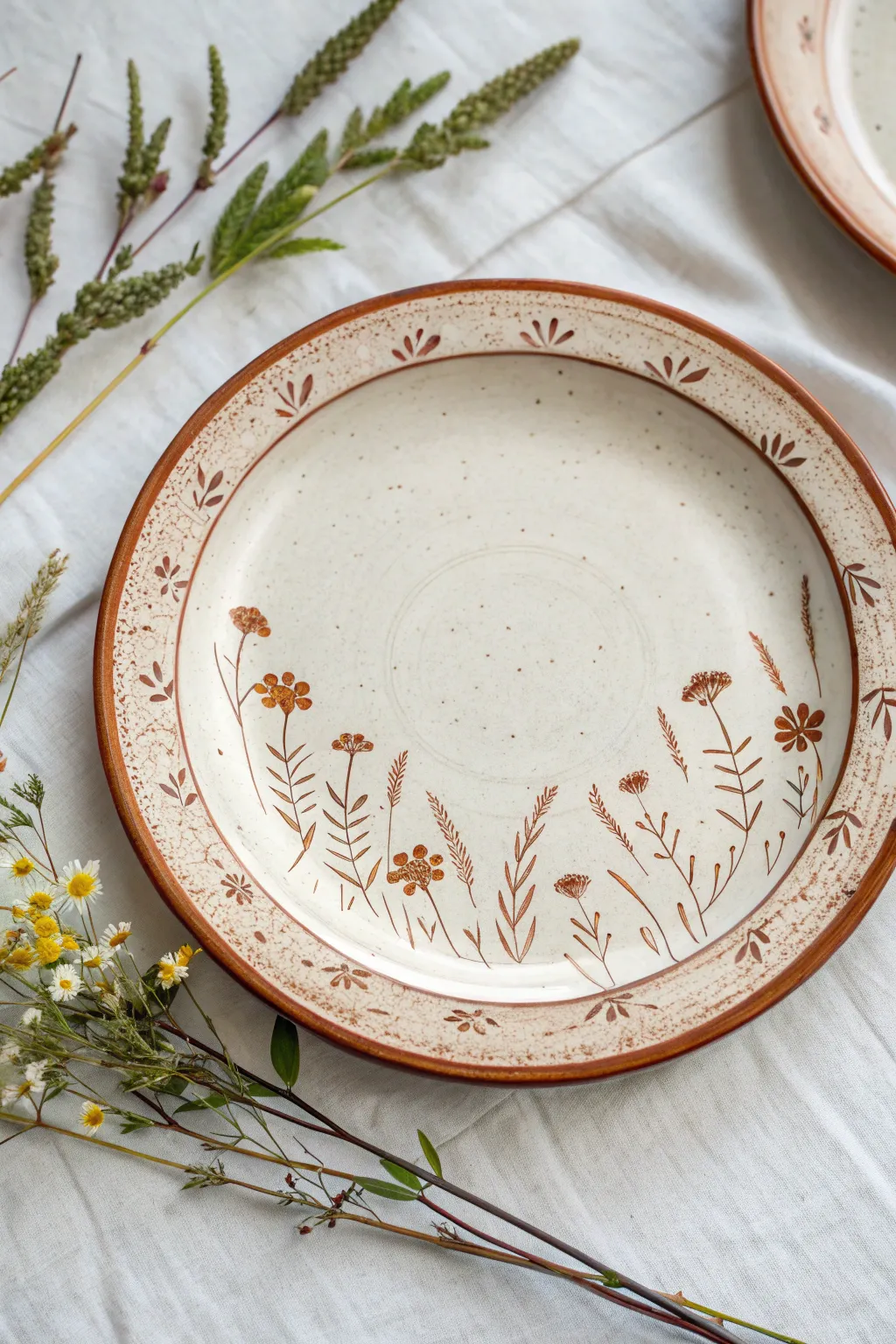 Minimal sgraffito plate with a wildflower meadow border, airy center, Scandinavian boho charm.