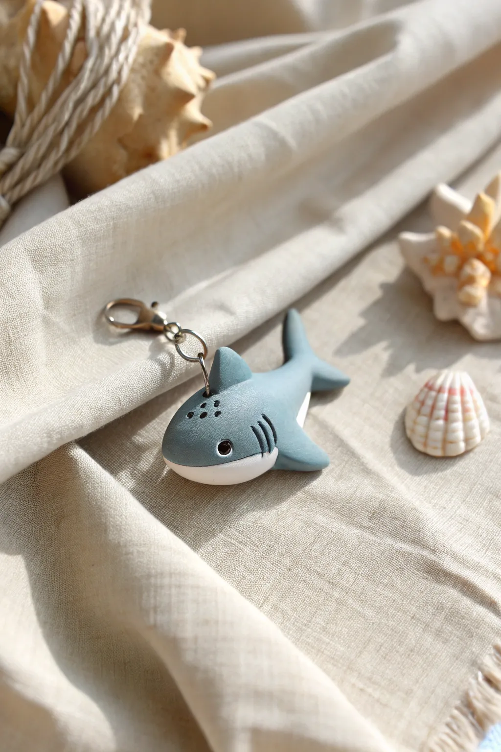 Minimal clay shark charm with a neat top loop, simple, cute, and ready for a necklace or keychain