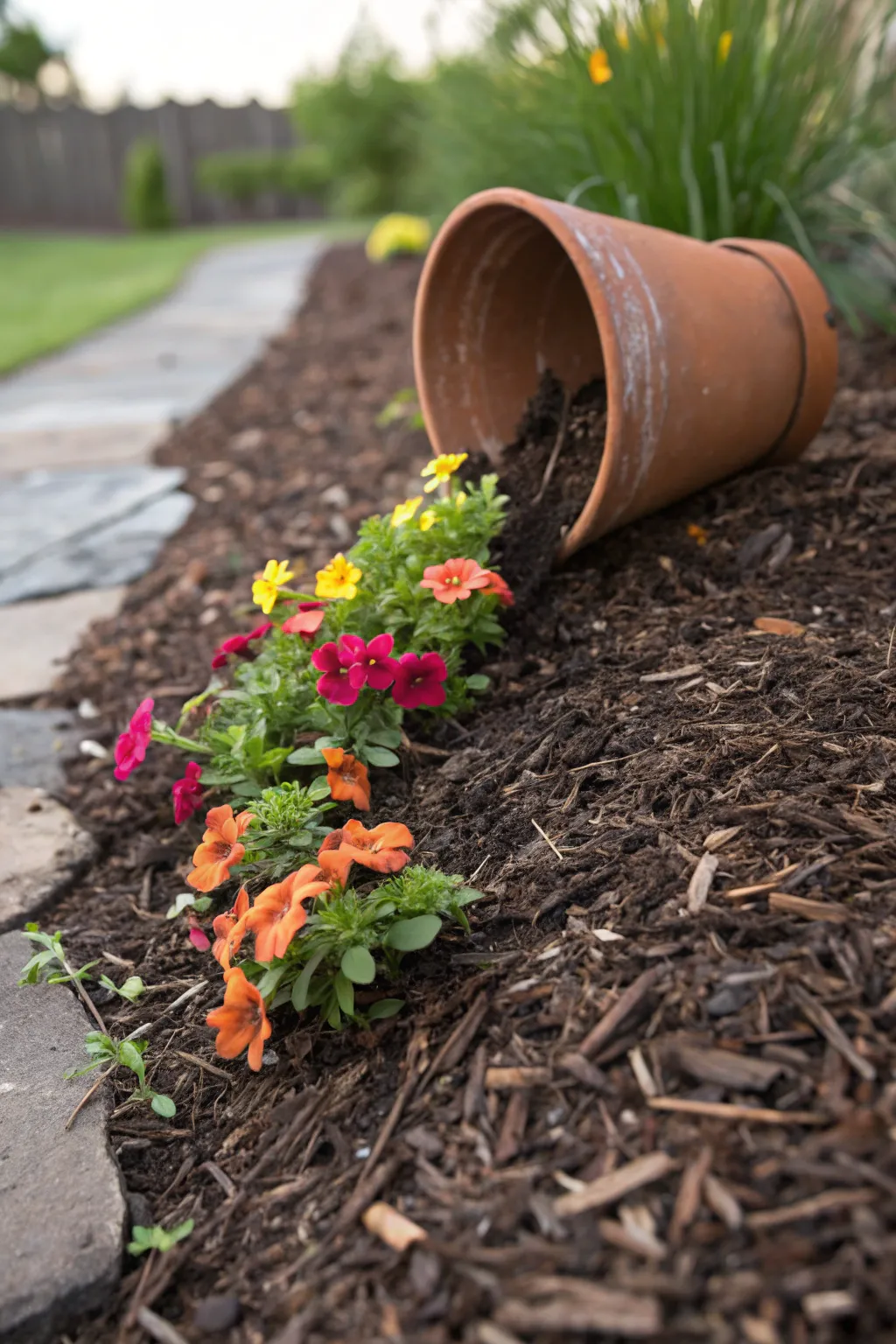 Sideways planter on dark mulch with bright blooms flowing in an S curve for bold contrast