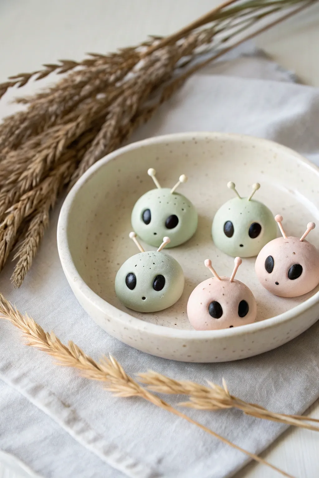 A cute little dish of pastel alien heads with antennas, minimalist boho vibes and playful charm.