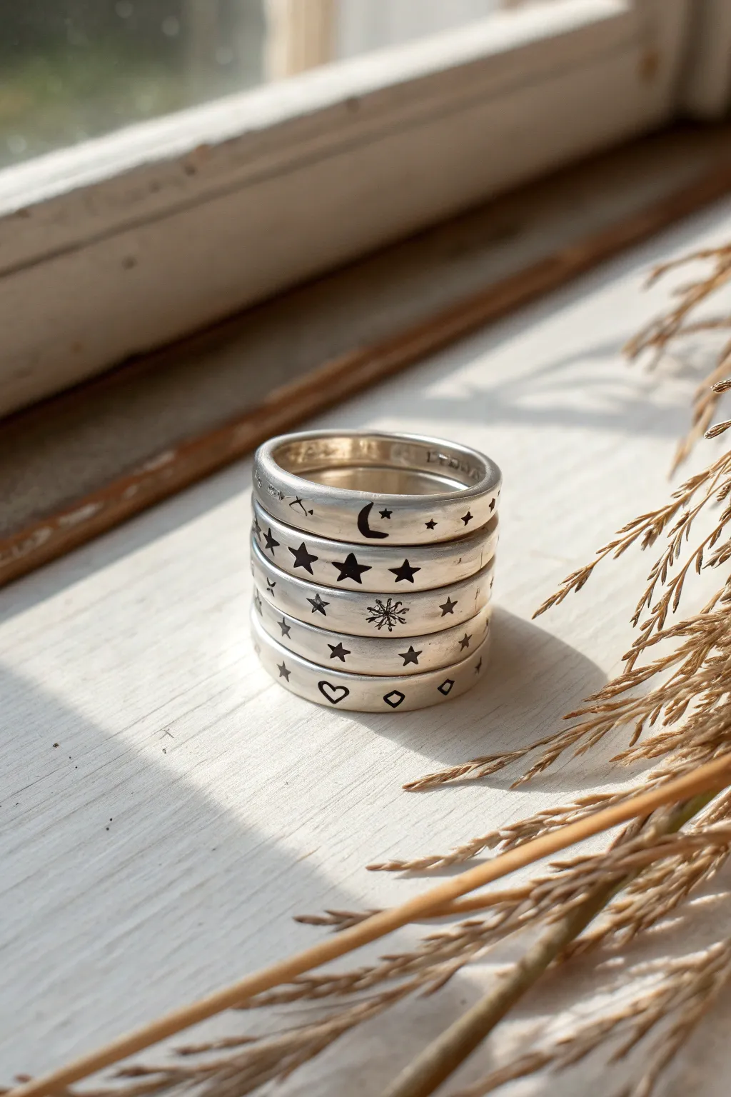 Minimal silver clay stacking rings with delicate symbol stamps for a simple boho-scandi look.