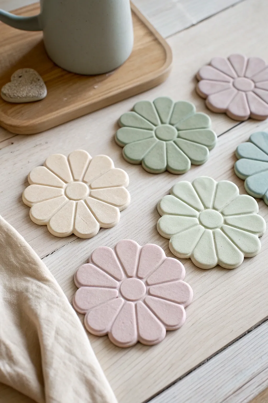 Easy air-dry clay daisy coasters in soft pastels, neatly styled on light wood for calm decor.