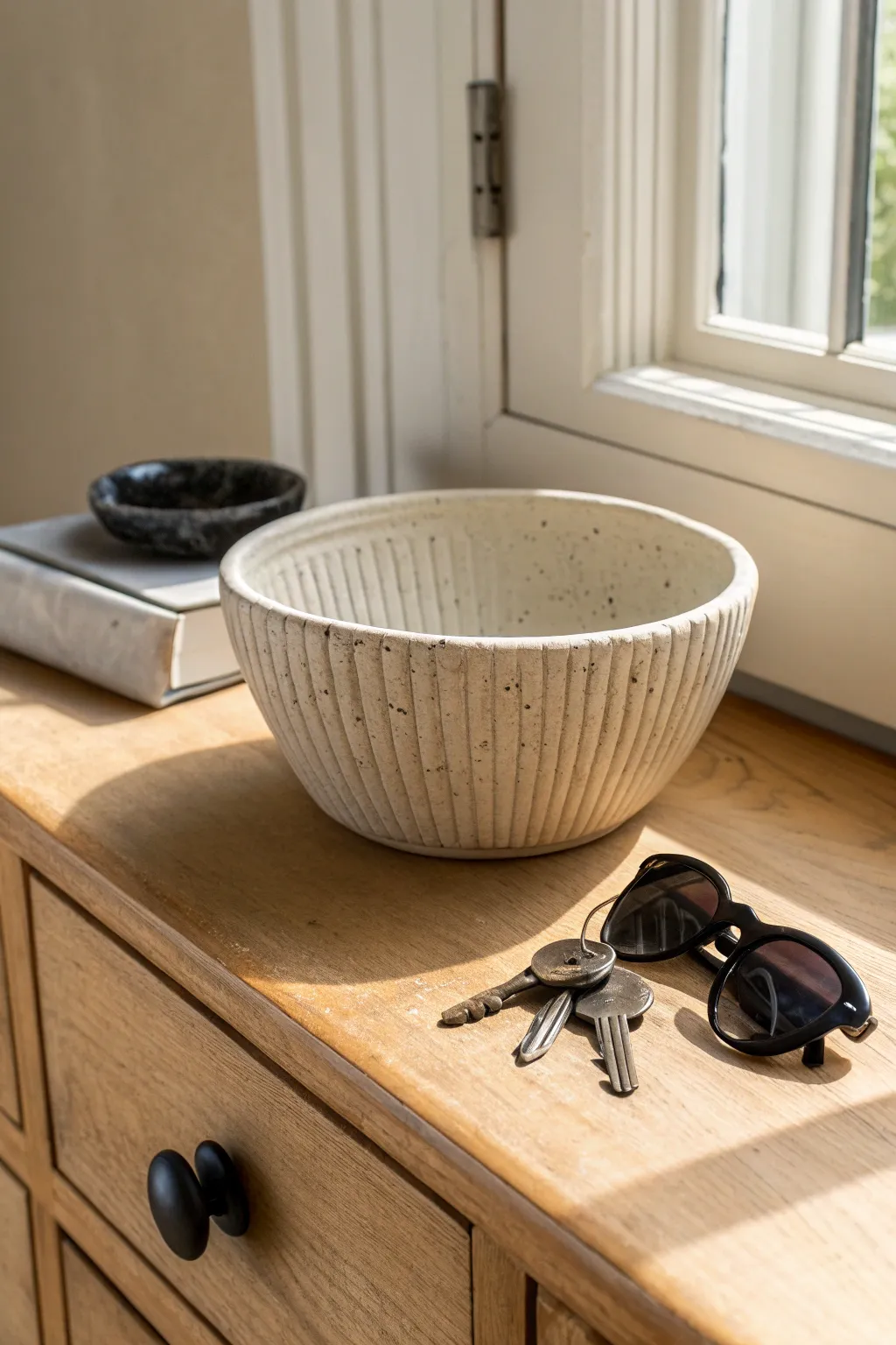 Textured air dry clay catchall bowl for keys and sunnies, calm minimalist entryway decor.