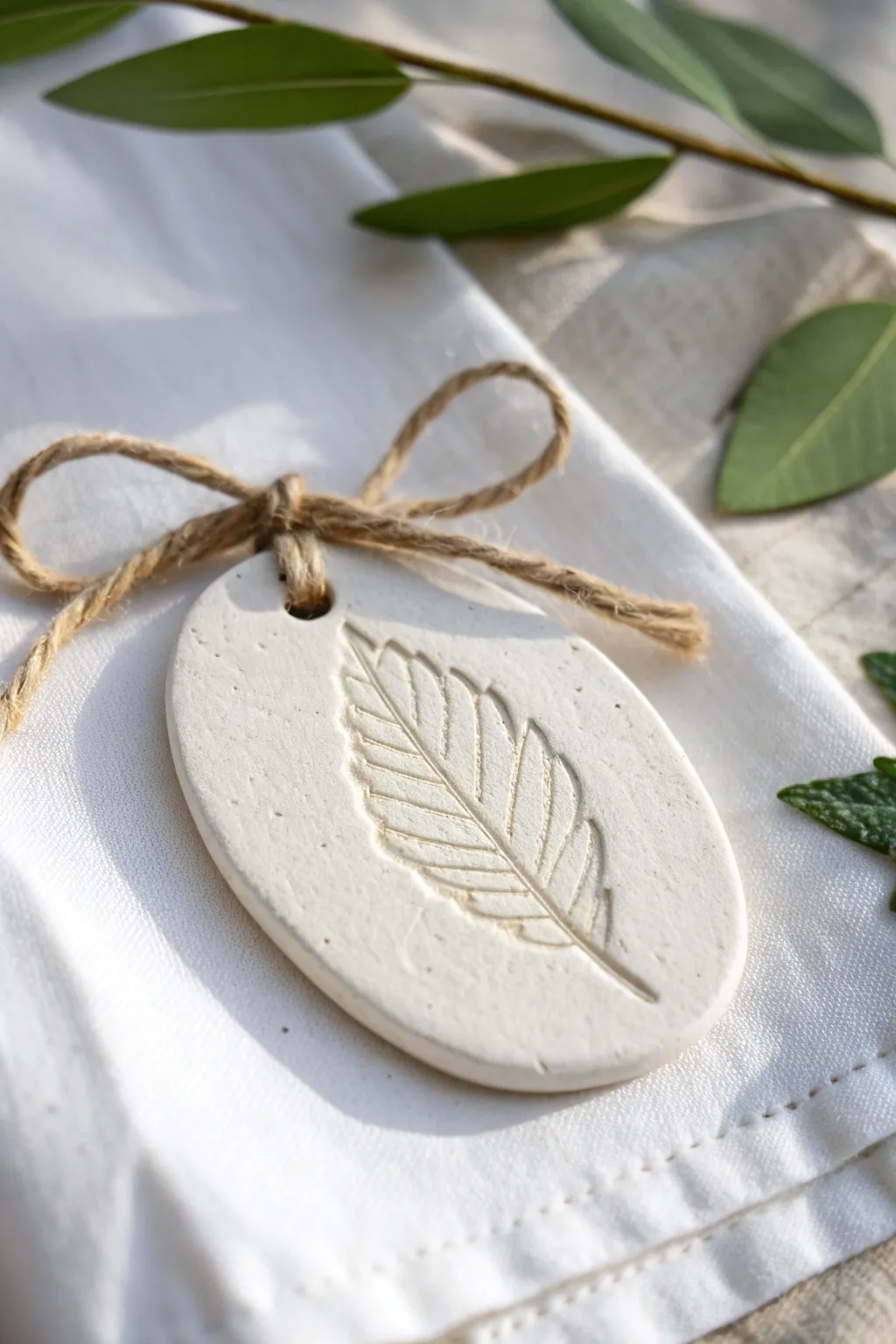 Leaf-impressed air dry clay tag with twine, a simple minimalist keepsake for gifts and decor.