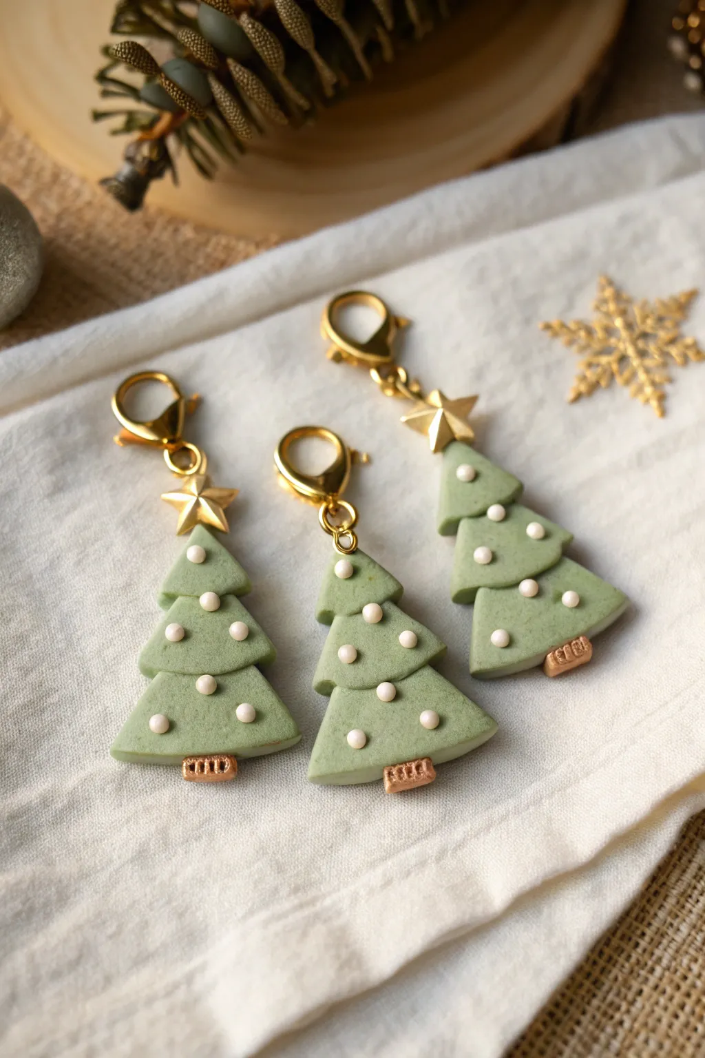 Mini clay Christmas tree charms in sage green with dot ornaments and star toppers, ready to gift.