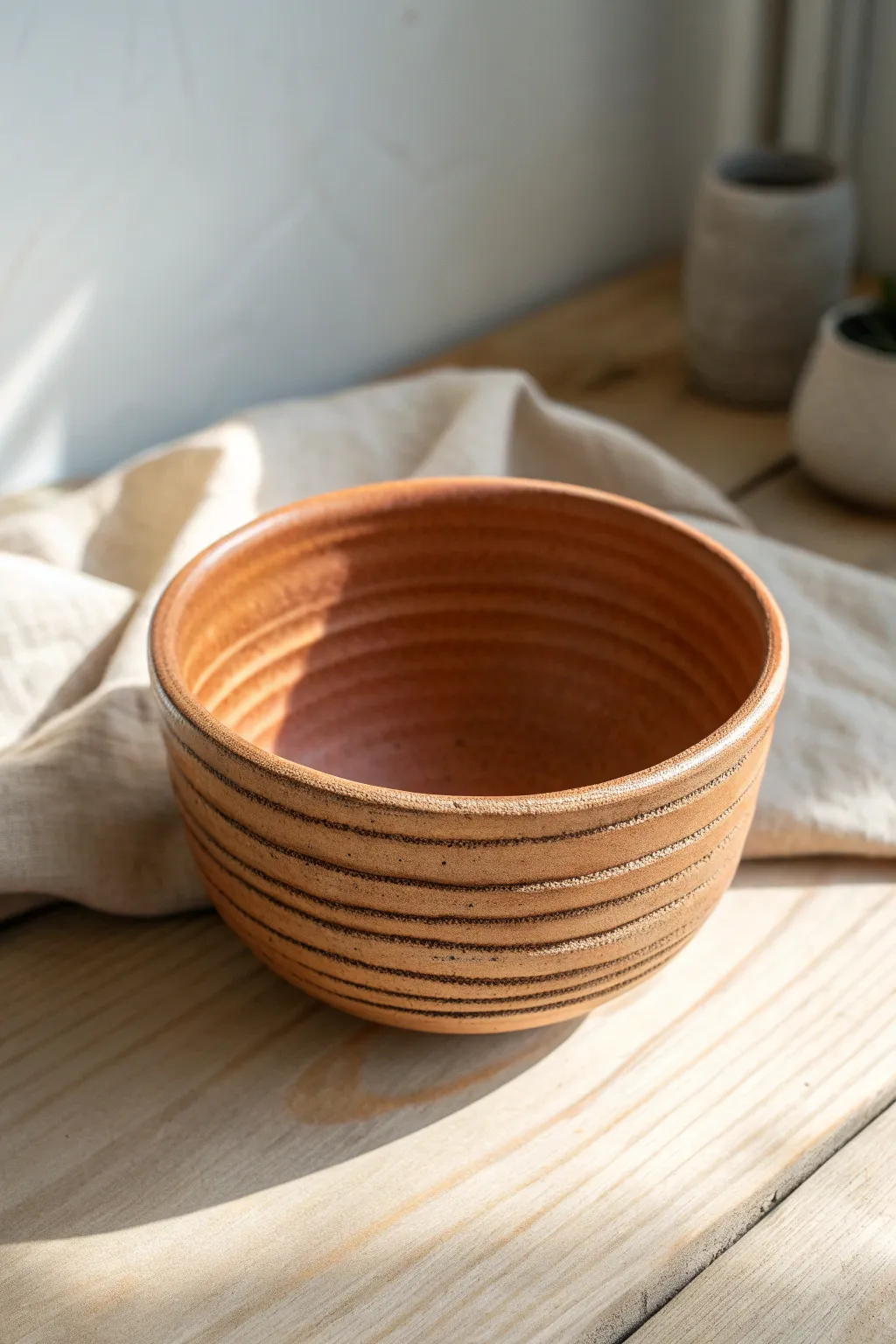 Simple coil bowl with visible lines in warm terracotta, minimalist styling and soft natural light