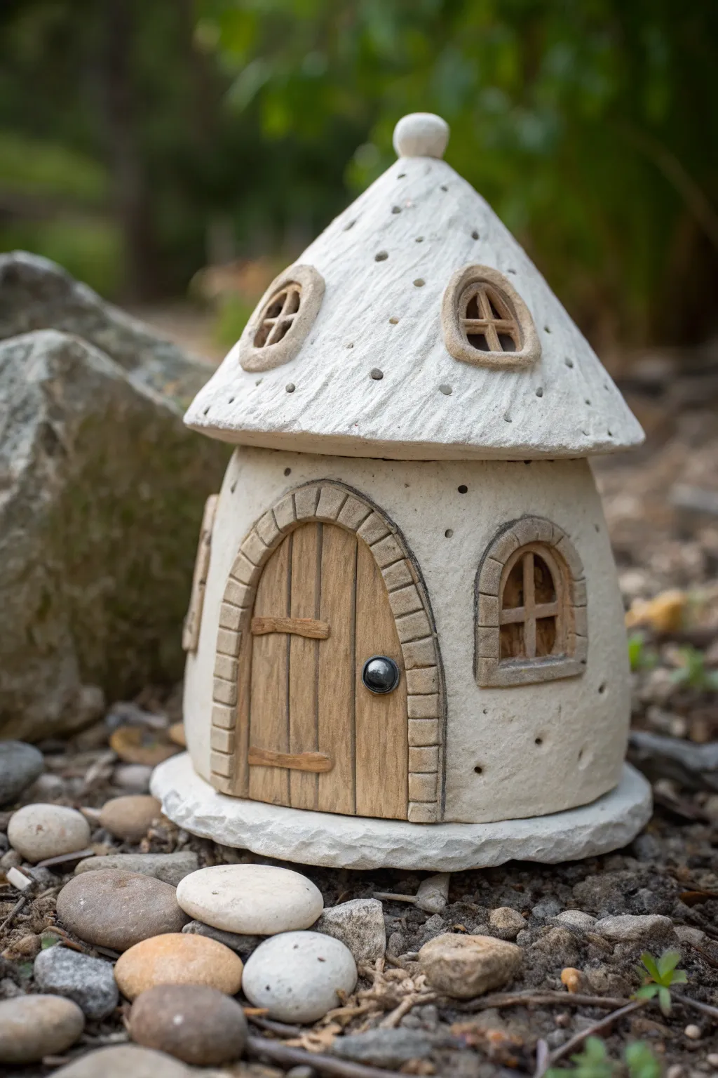 Minimalist clay fairy house with an arched wood door, cozy windows, and soft boho charm.