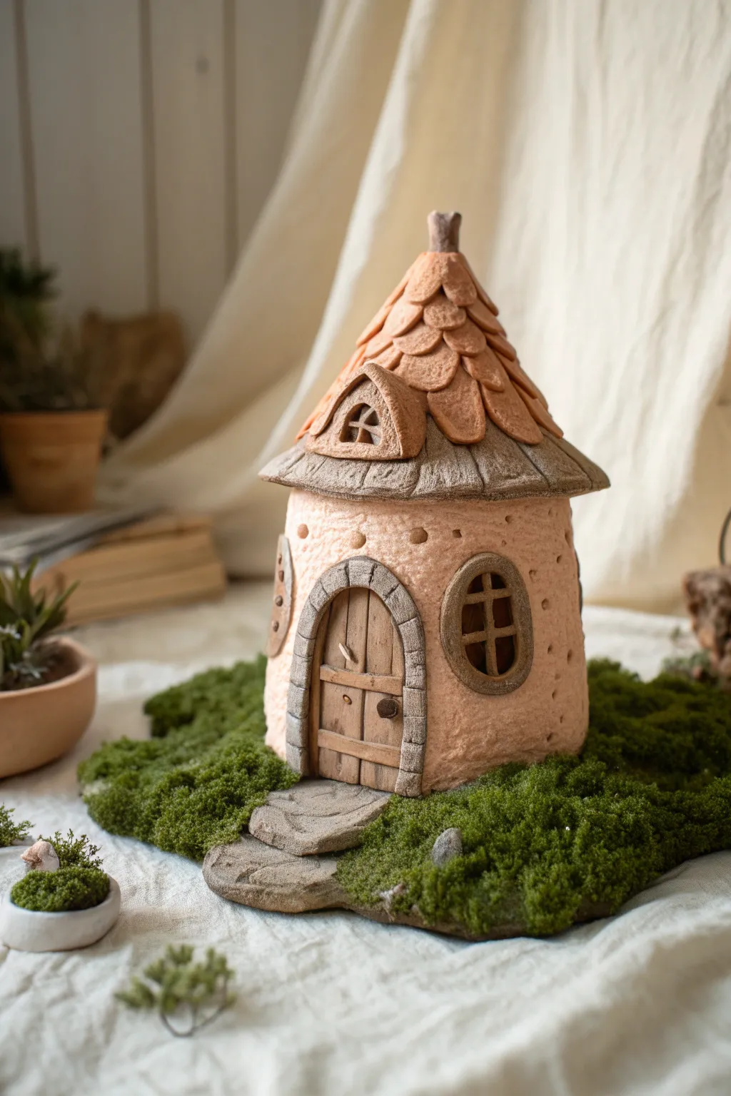Sweet handmade clay fairy cottage with arched door and mossy base, minimalist boho charm.