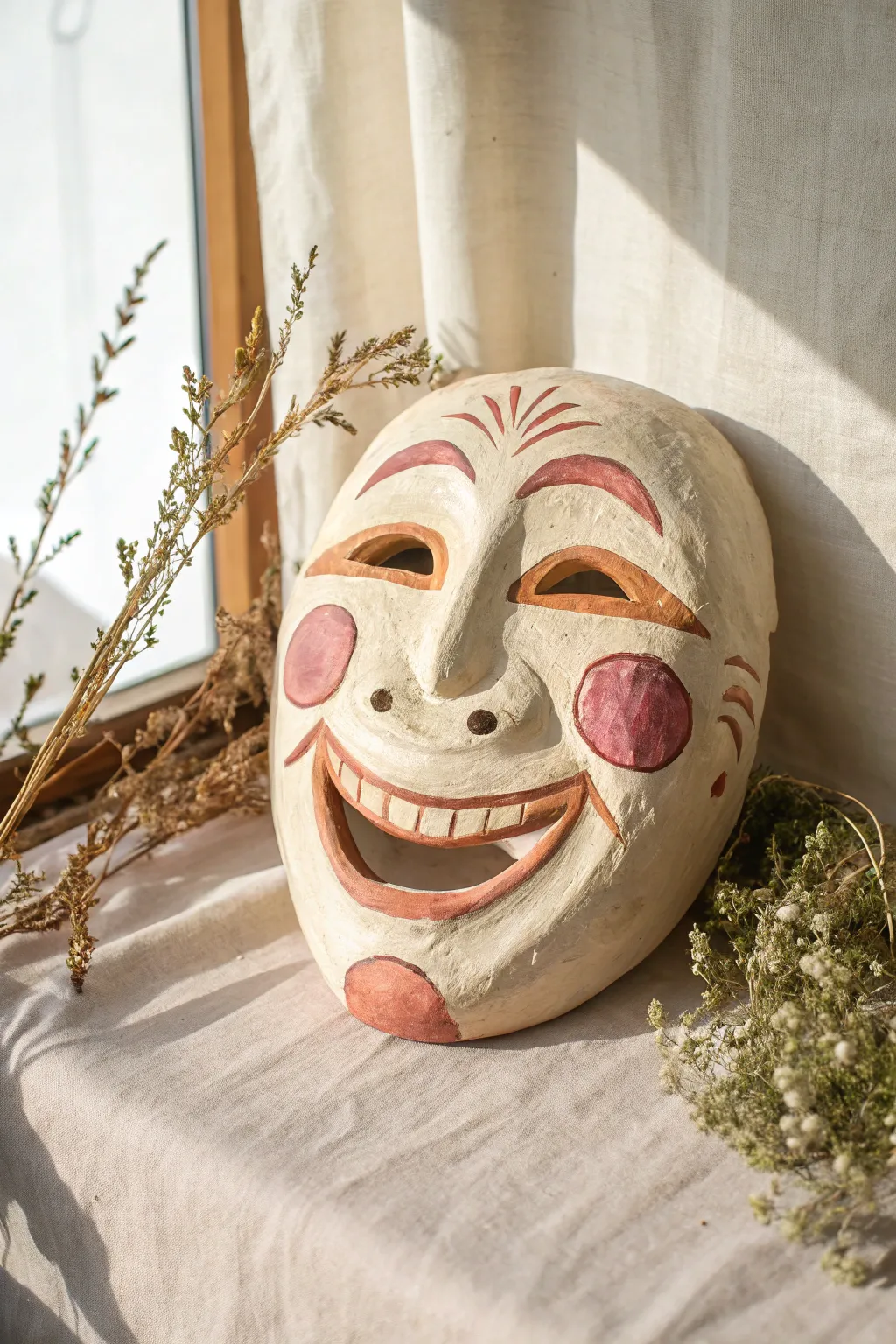 Big grin clay character mask with rosy cheeks, simple lines, and a joyful boho-minimal finish.