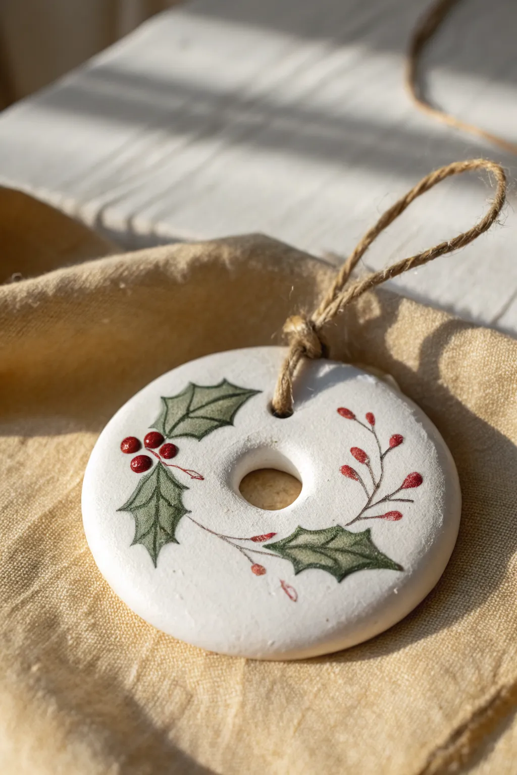 Simple holly-painted clay disc ornament with twine hanger, minimal Nordic-boho holiday charm.