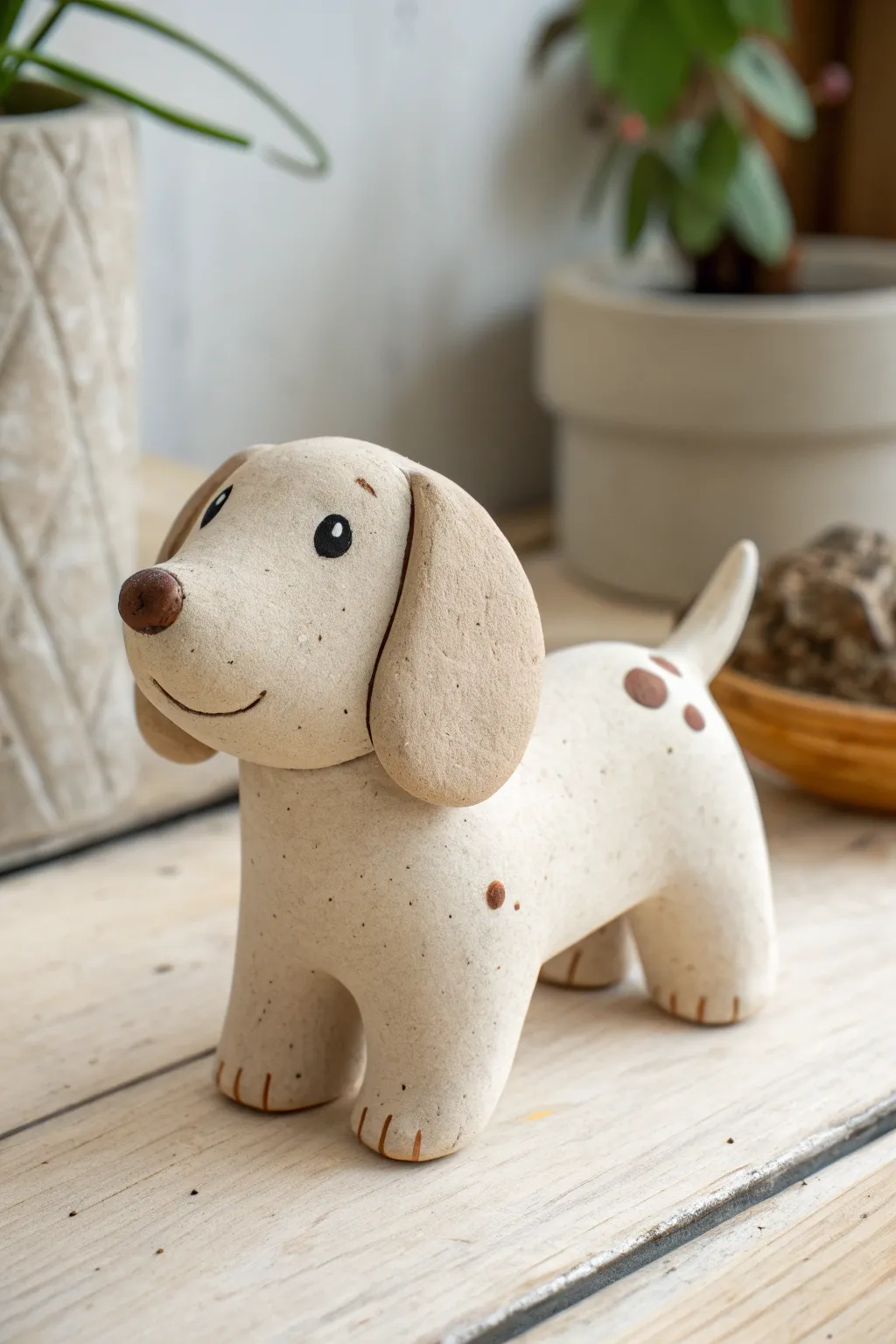 Sweet minimalist clay puppy with chunky sausage legs, neutral tones and tiny painted spots.
