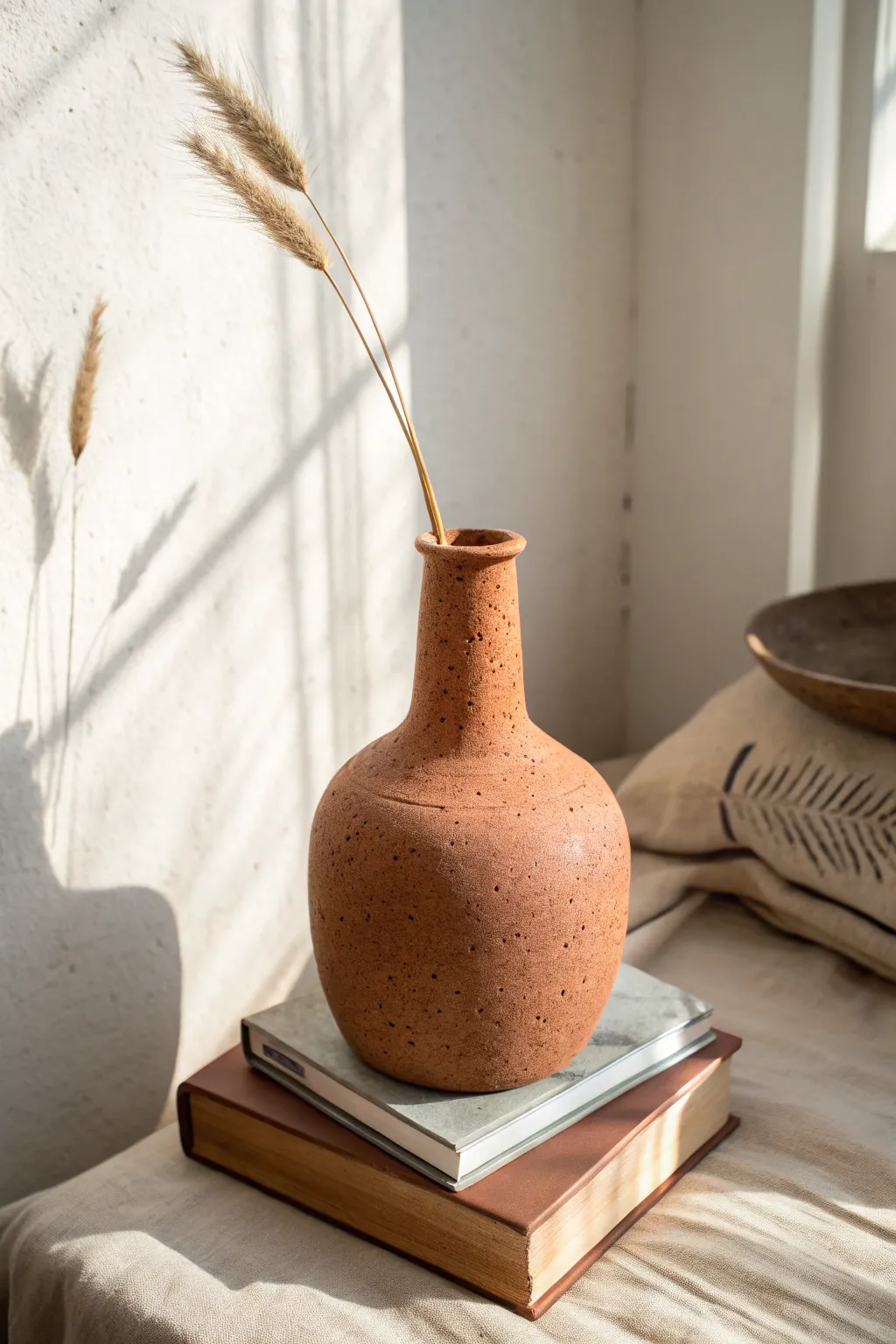 Matte terracotta bottle vase with a narrow neck, styled simply with one bunny-tail stem.