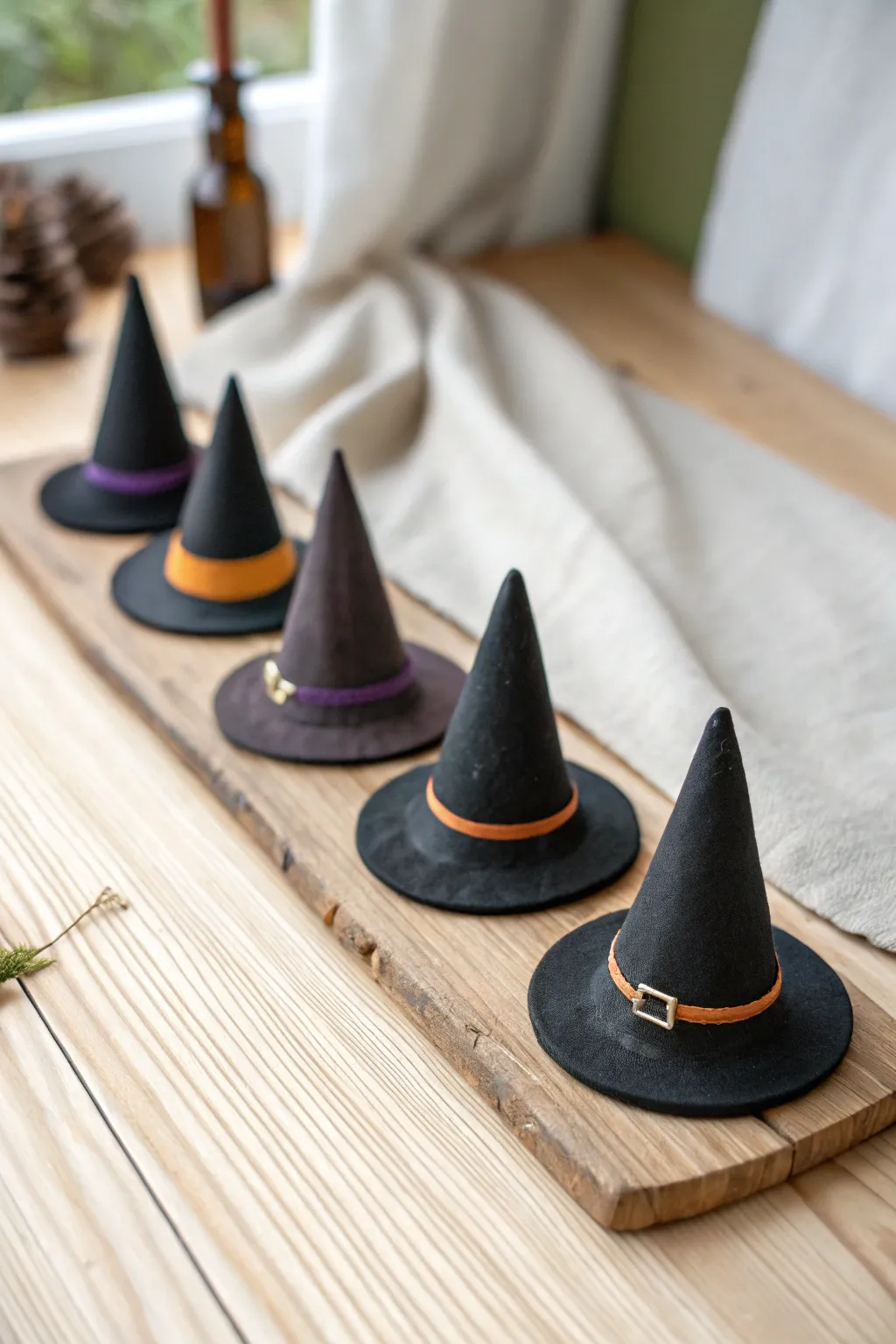 Mini black clay witch hat toppers with simple bands, styled minimal on light wood