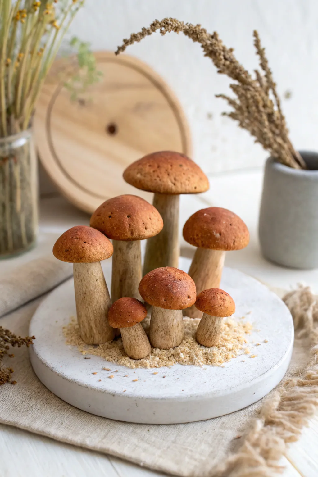 Easy clay mushrooms in earthy tones, styled minimal and cozy for a simple fairy-garden look