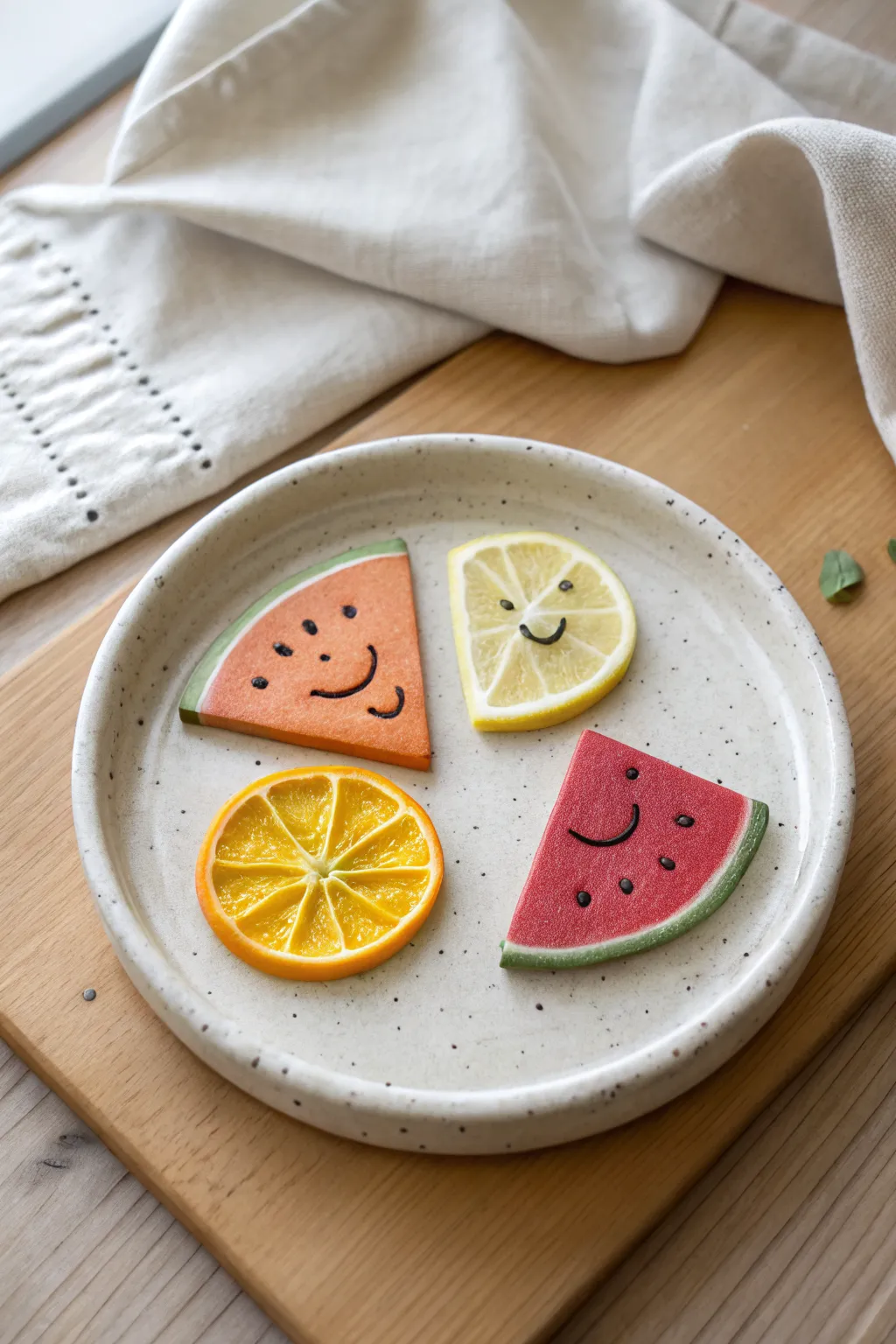 Smiley clay orange, lemon, and watermelon slices styled on a simple plate, perfect for kids.