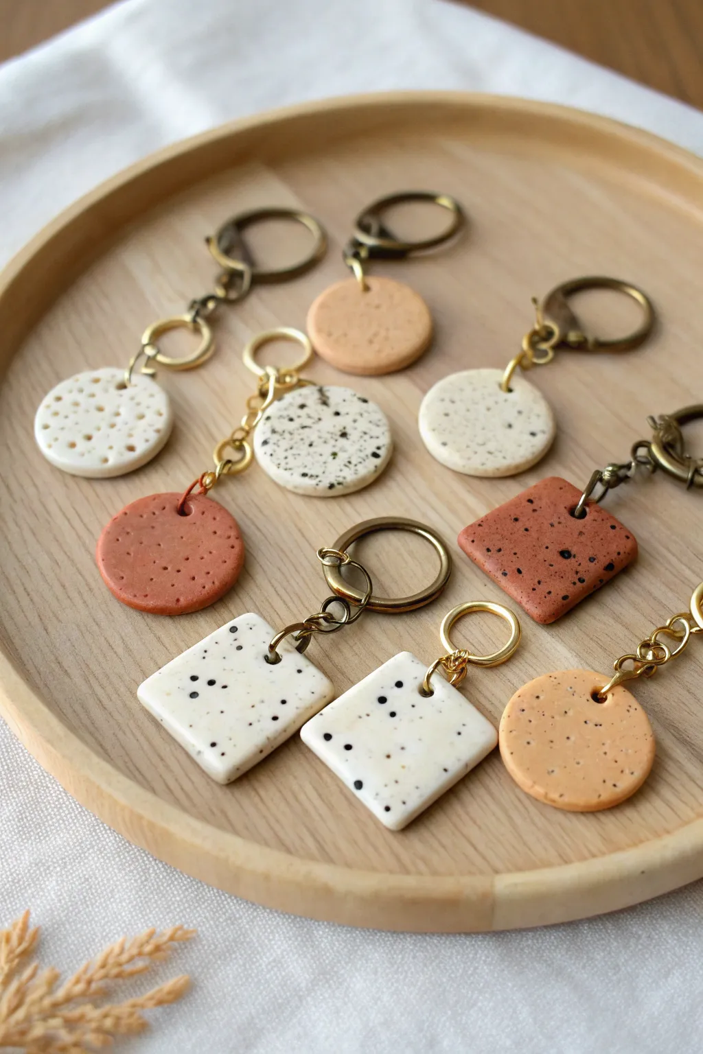 Minimal polymer clay charms with speckles and polka dots, styled cleanly in soft neutral tones