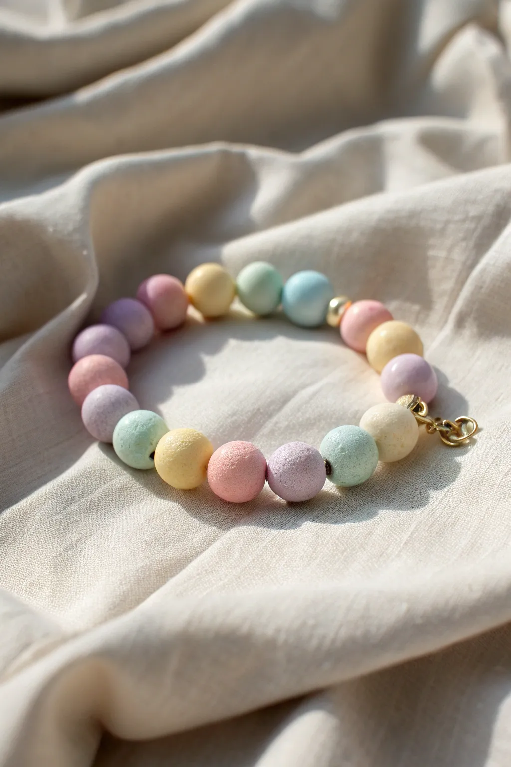 Soft pastel clay bead mix bracelet on pale linen, minimal, airy, and perfectly handmade