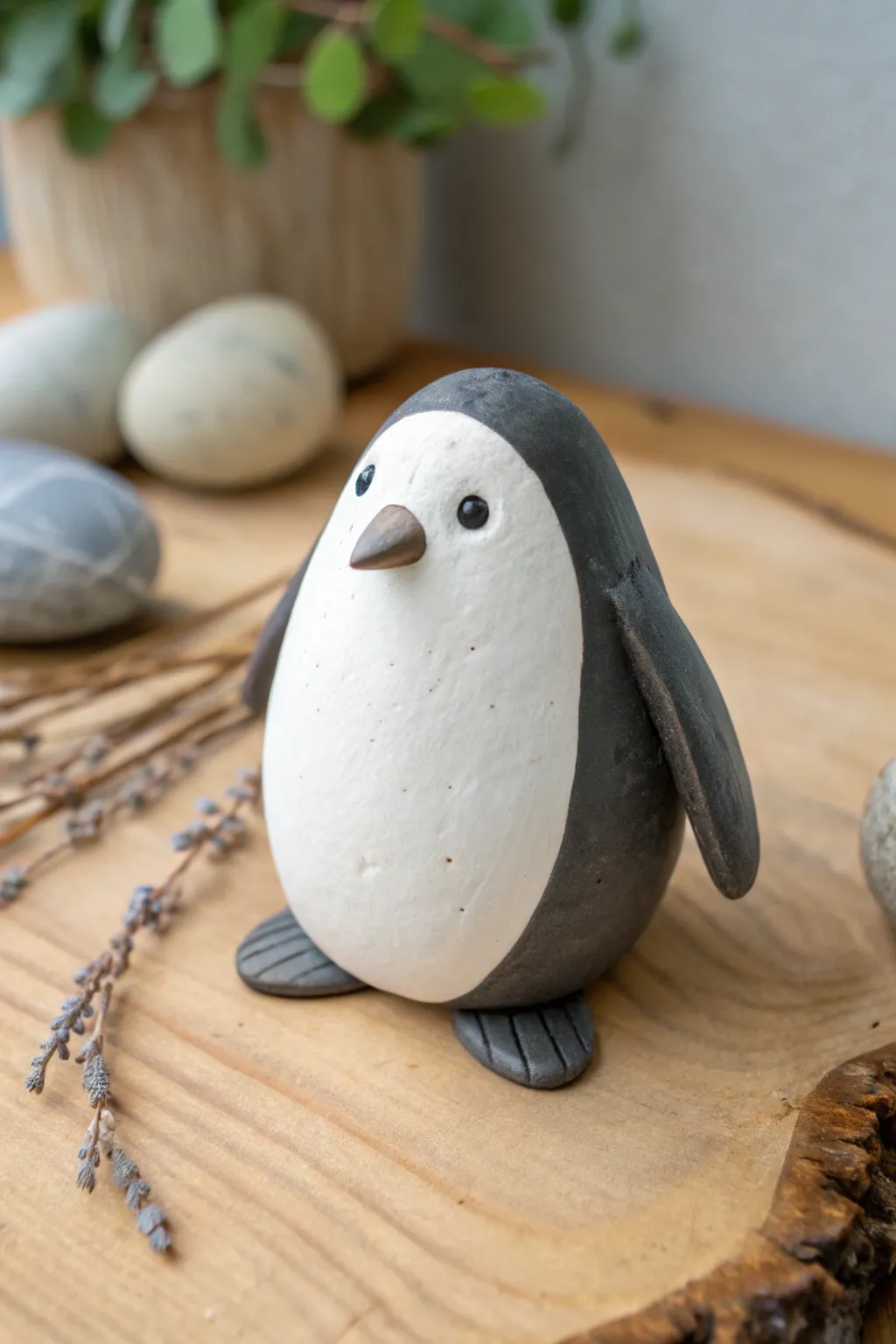 Sweet minimalist clay penguin with belly patch, an easy figure that looks adorable on any shelf.
