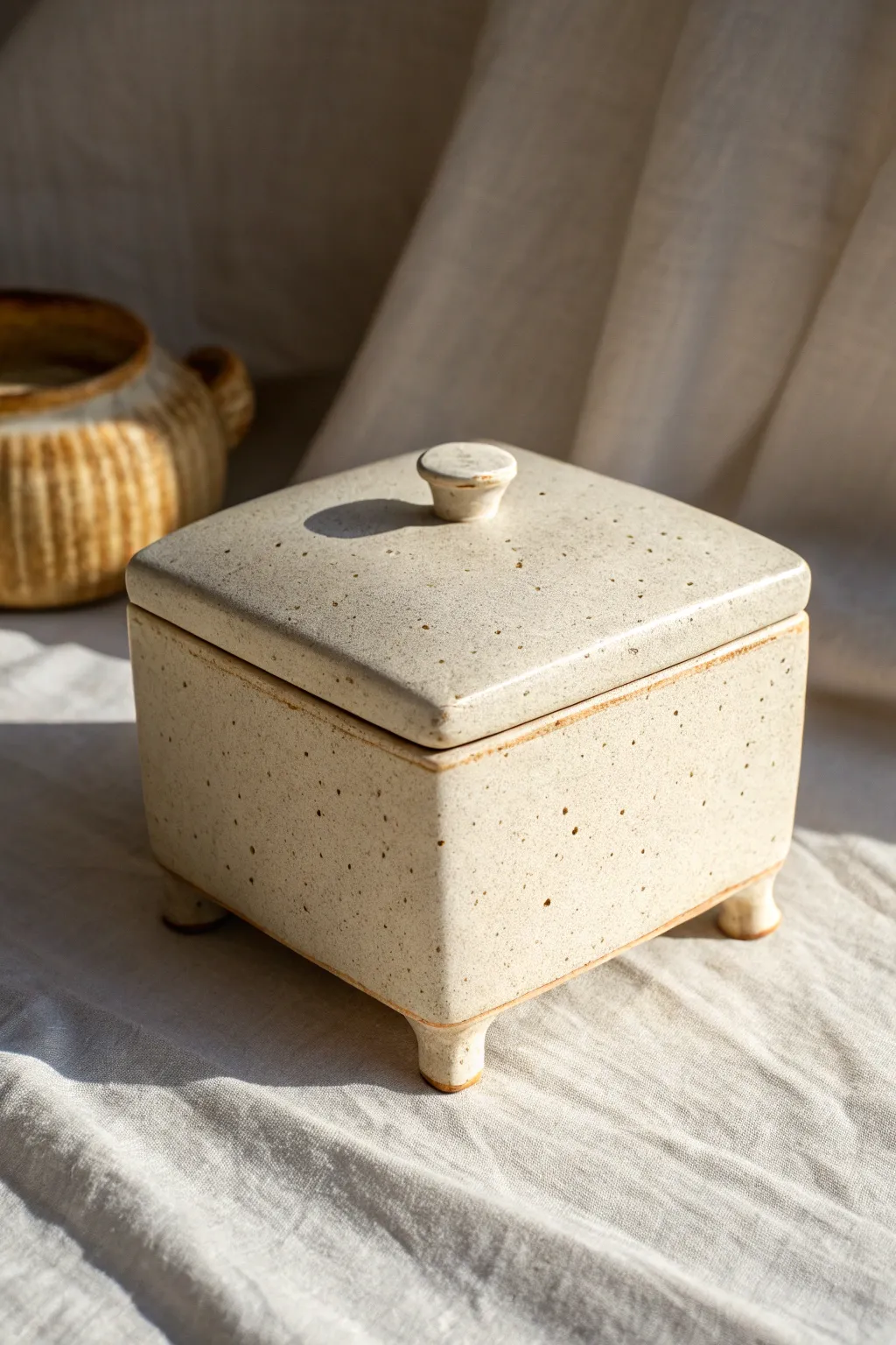 A clean footed slab box on four matching corner feet, light and airy with a crisp shadow lift