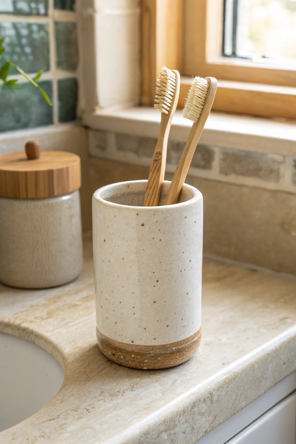 Minimalist slab-built toothbrush holder with drainage holes, perfect for a calm Scandinavian bath.