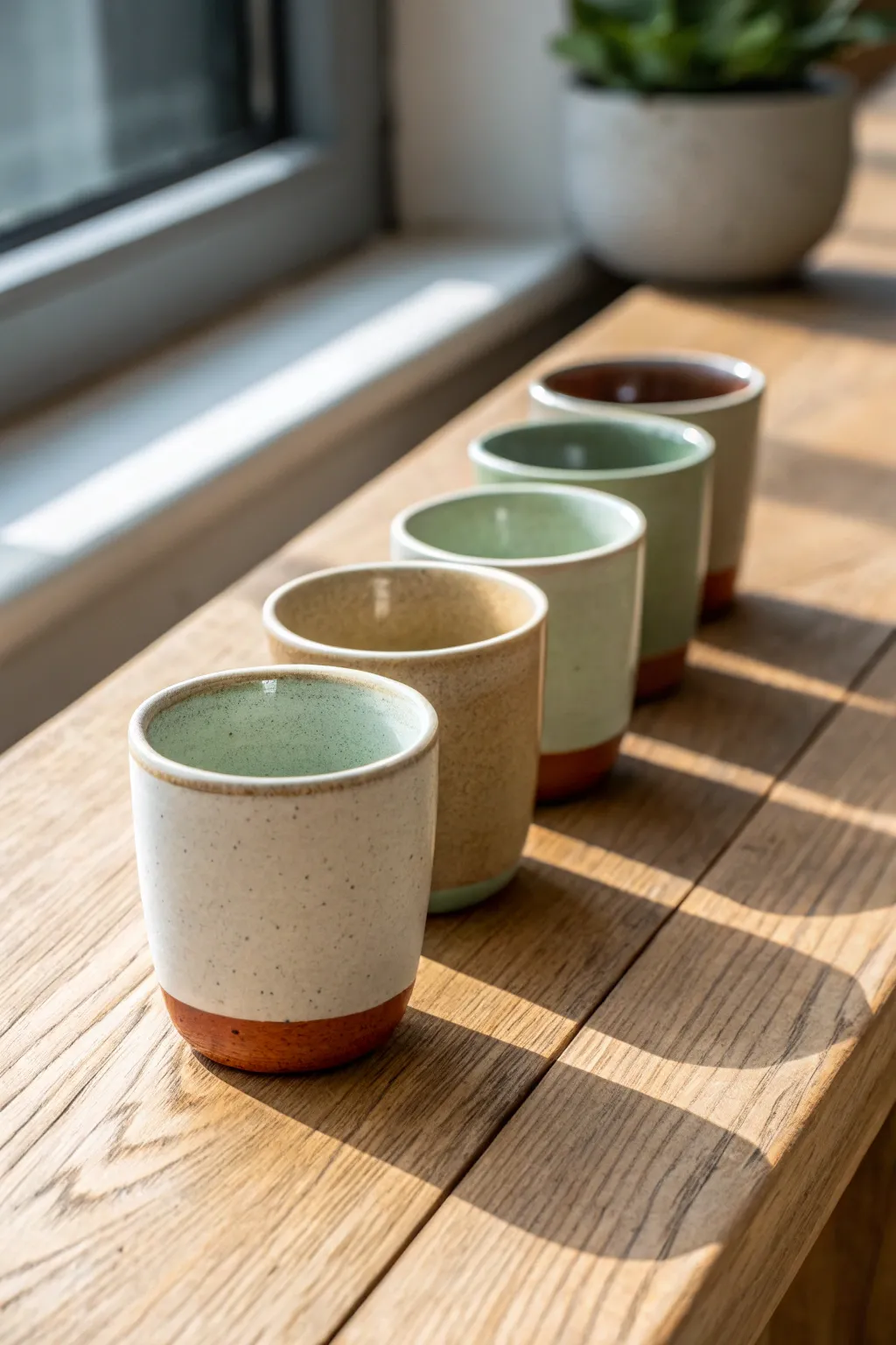 Minimal slab-built espresso cups in soft earthy glazes, simple silhouettes with handmade charm