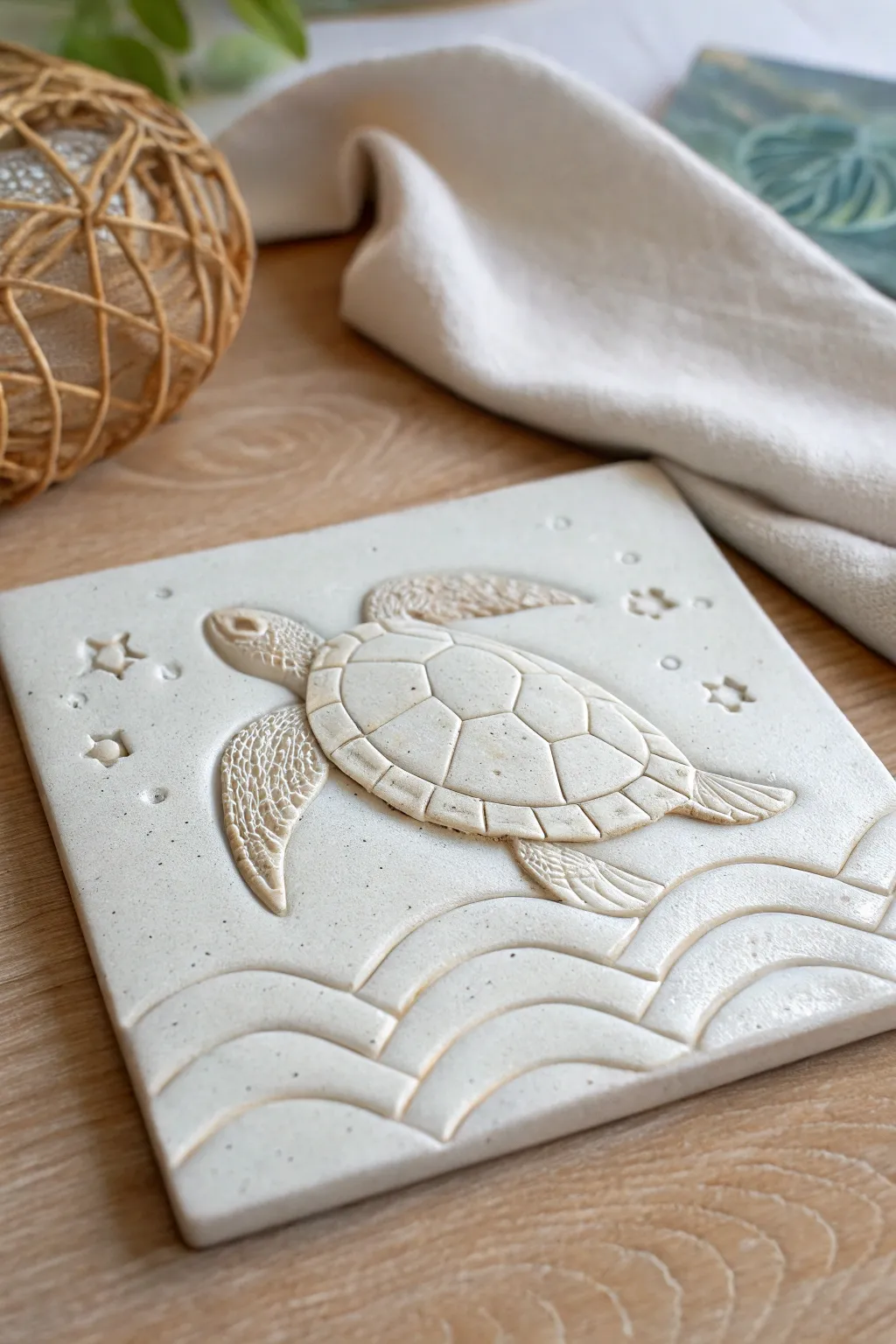 Sea turtle slab relief tile with subtle waves and crisp shadows for a calm coastal texture.