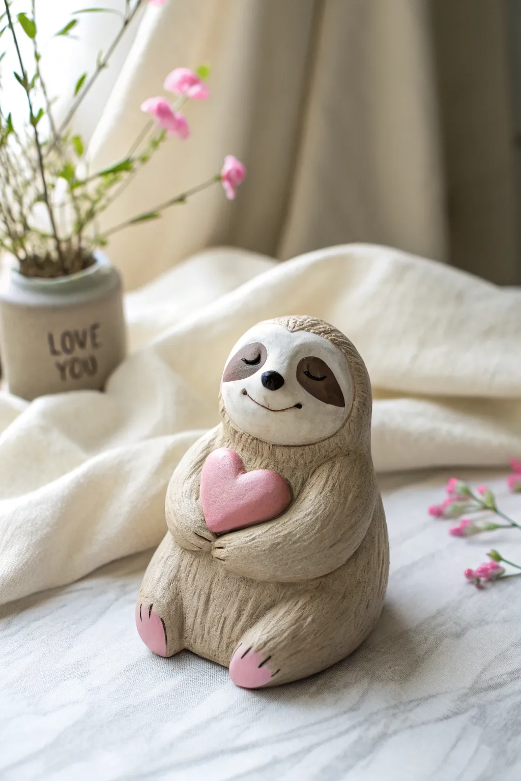 Chubby clay sloth hugging a tiny pastel heart, minimalist and cozy with handmade charm.