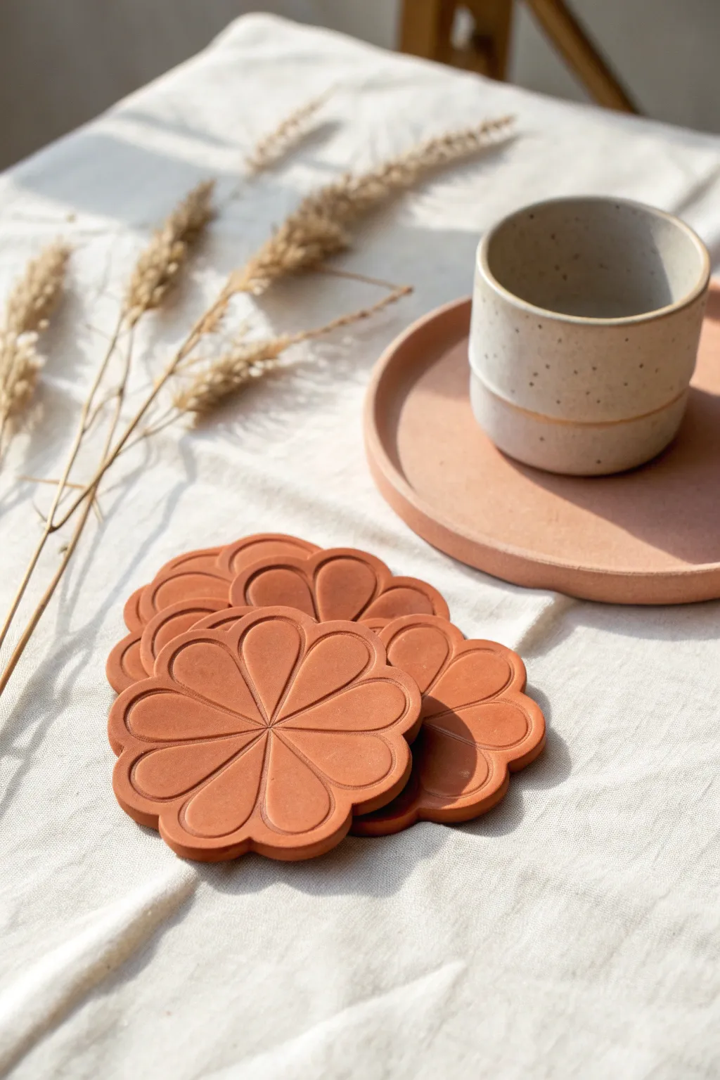 Mini flower coasters in air dry clay, stacked neatly for a cozy minimalist table moment.
