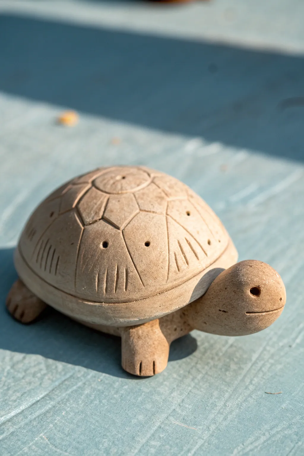 Pocket-size clay turtle with a textured shell on a fresh blue backdrop, simple and sweet.