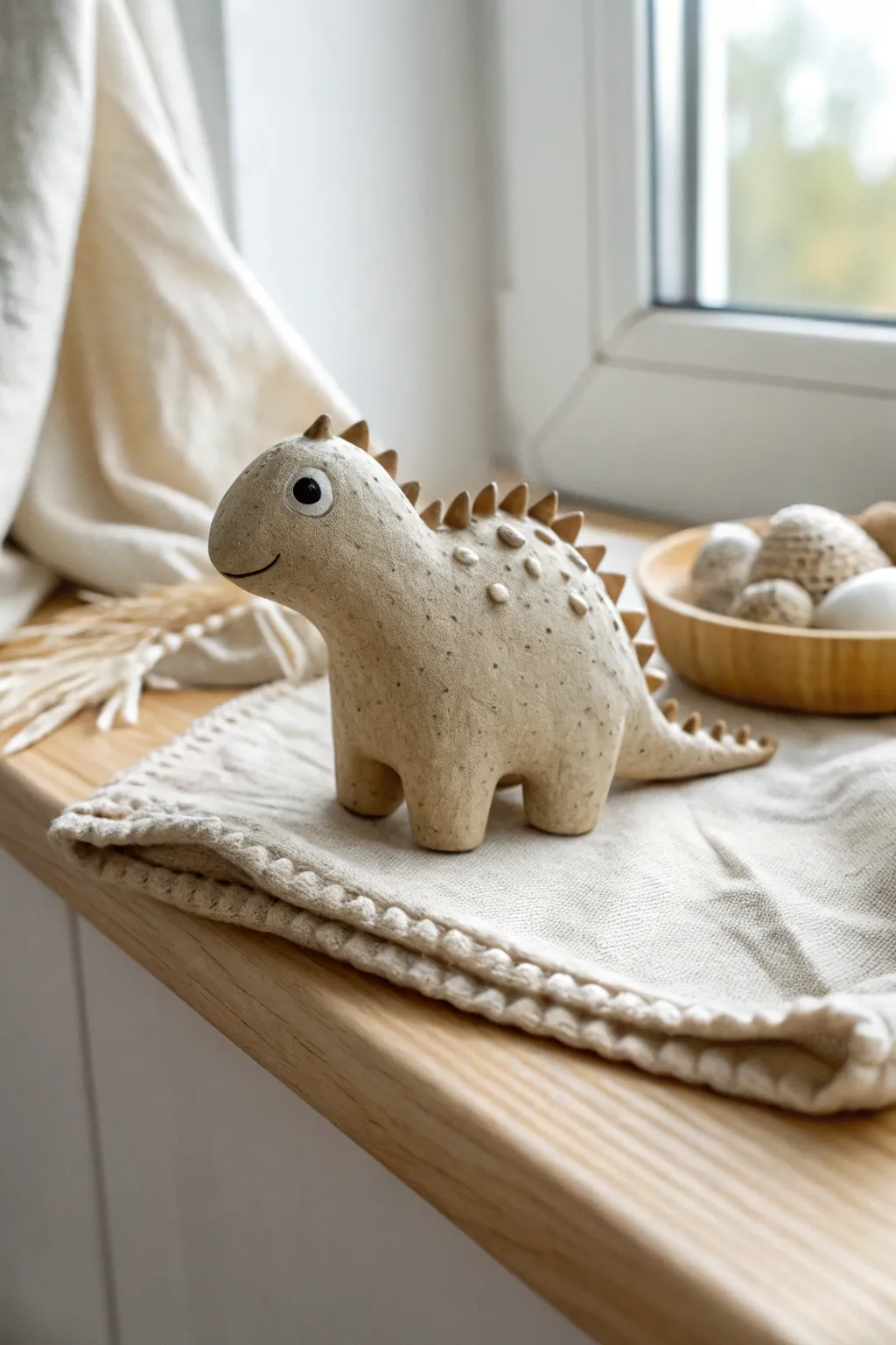 Tiny dino nugget shelf sitter in speckled clay, minimalist Scandi mood with boho warmth