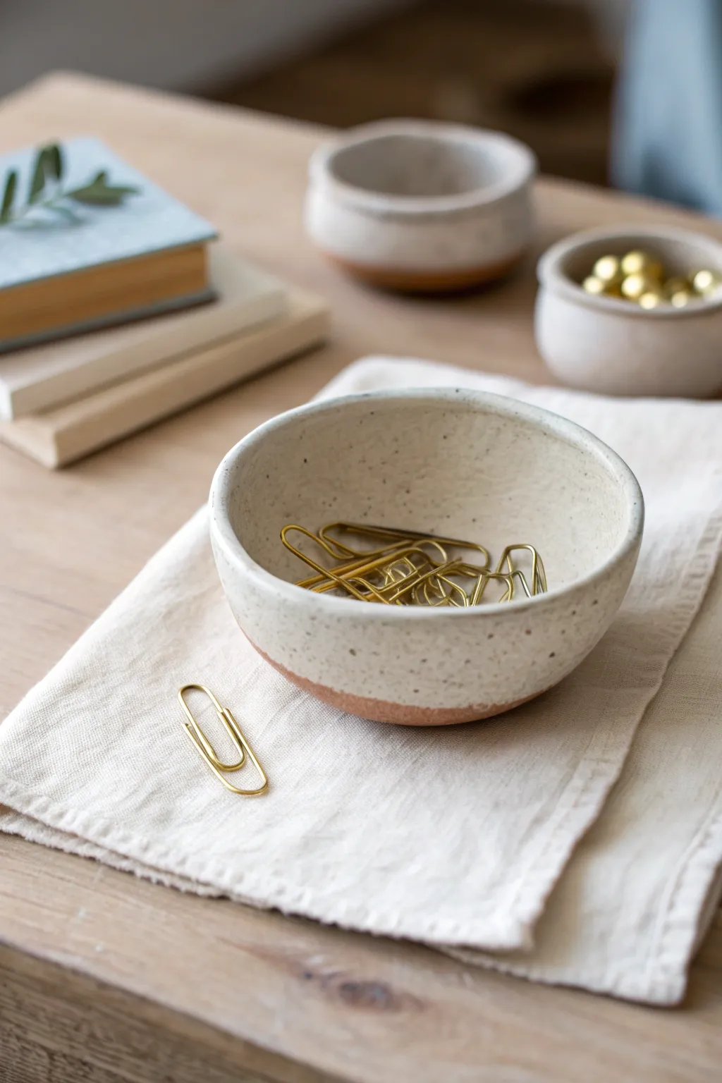 Mini pinch pots for tiny treasures, simple handmade clay charm in a calm minimalist desk scene