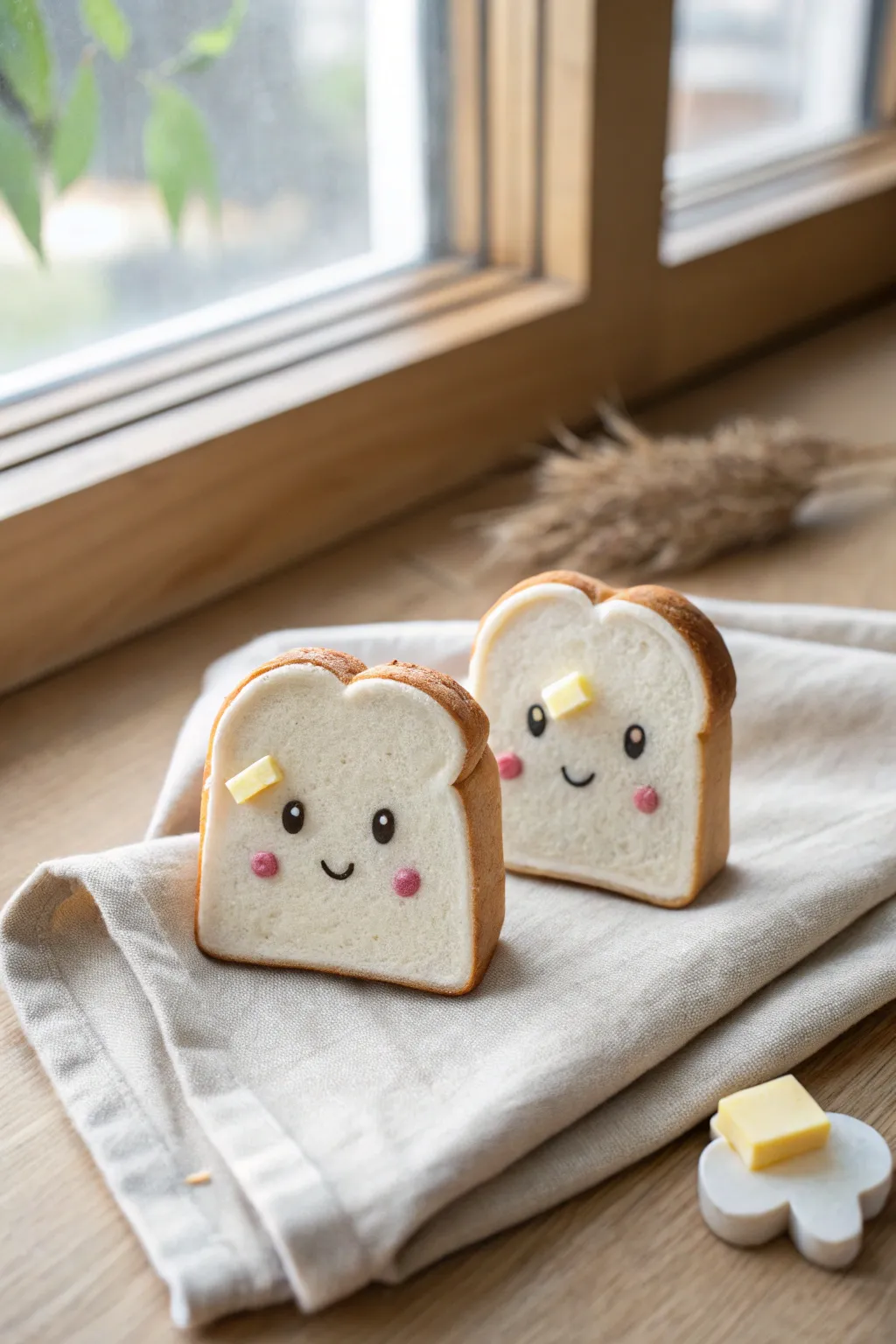 Adorable mini clay toast pals with rosy cheeks and a butter detail, perfect for cute figures