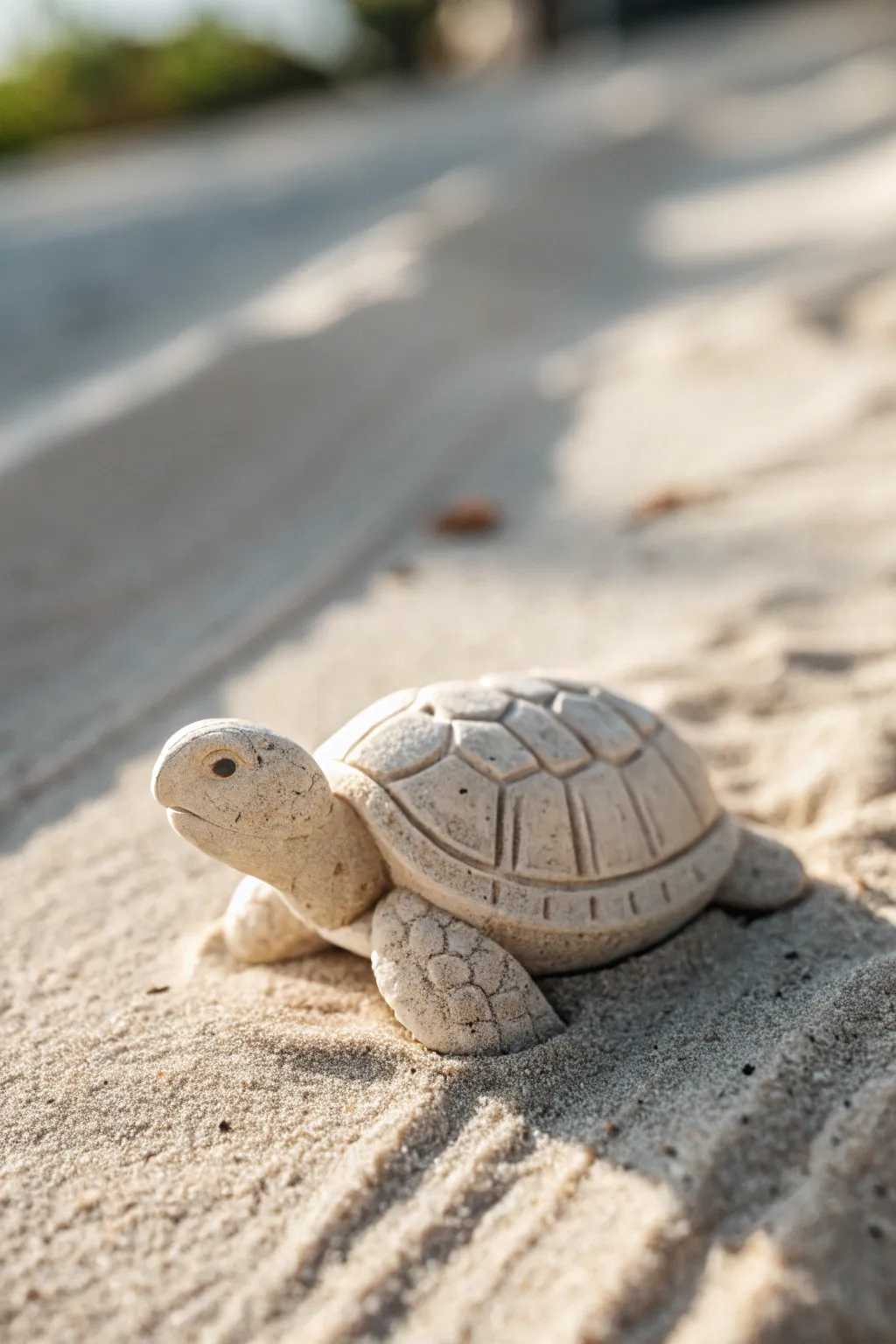 Pocket-size clay turtle with stamped shell lines on warm sand tones, minimalist beachy charm.
