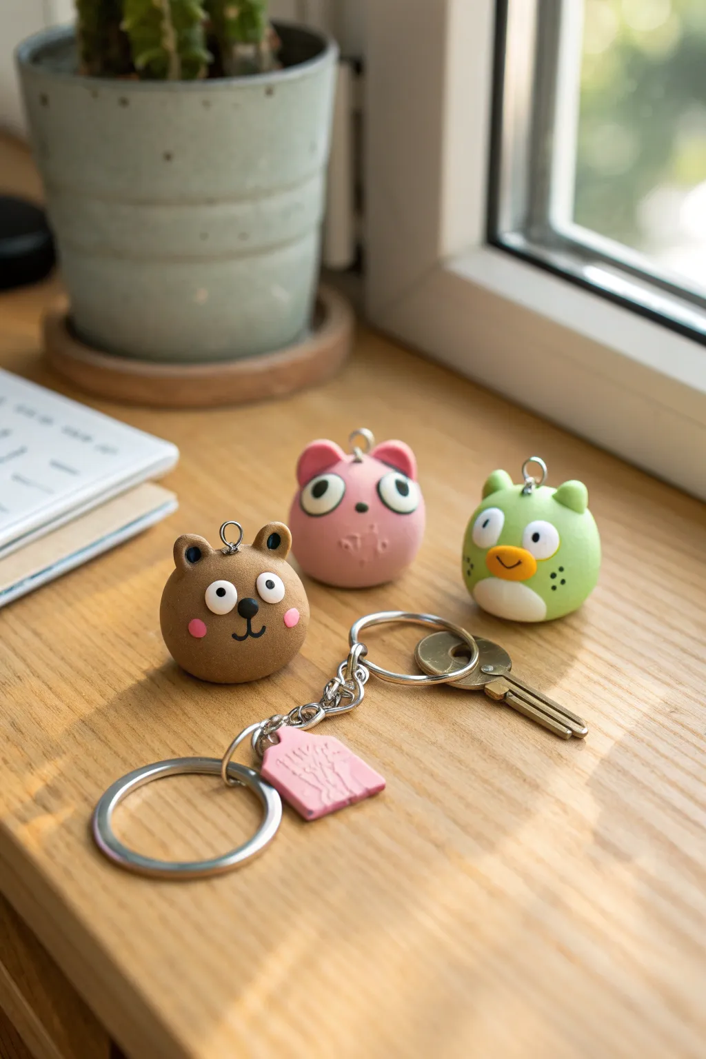 Mini clay animal keychain trio with chunky features, styled on a warm wood desk for scale.