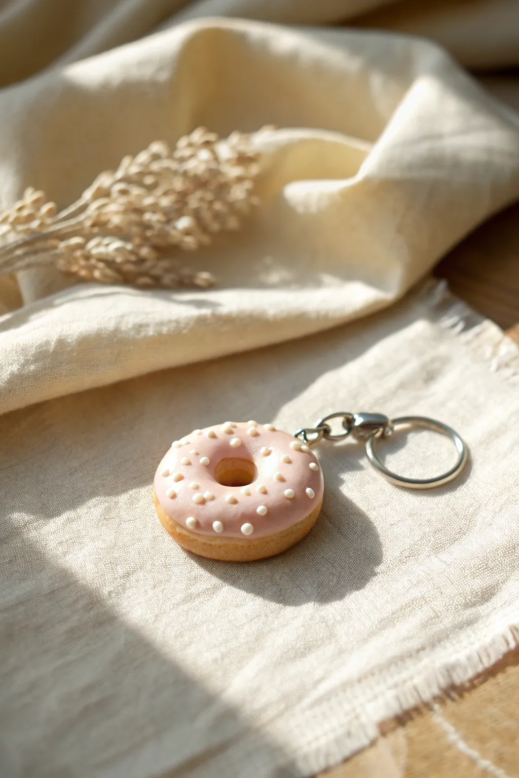 Tiny clay donut charm with simple icing and sprinkles, a perfect beginner mini project.