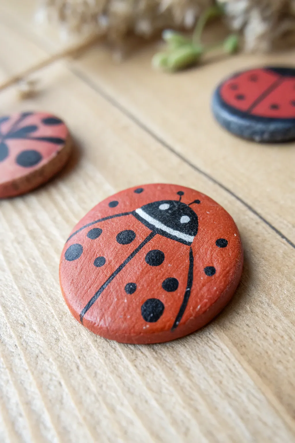 Cute clay ladybug token with simple painted dots, perfect little keepsakes for kids.