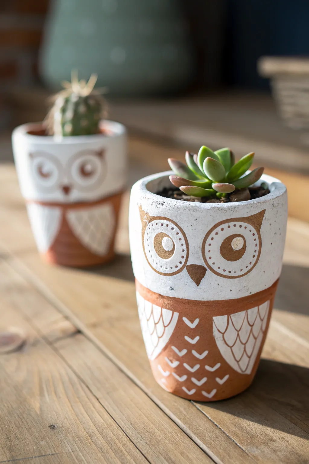 Mini owl clay pot planter with succulent on warm wood, simple Scandinavian boho styling.