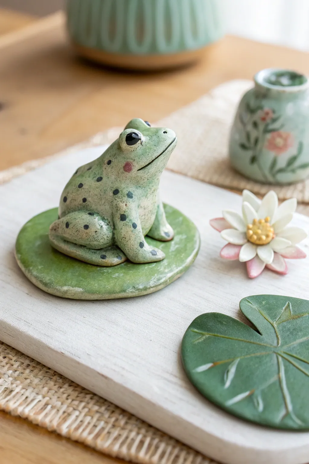 Mini clay frog on a lily pad for cozy pond vibes, simple, sweet, and beginner friendly