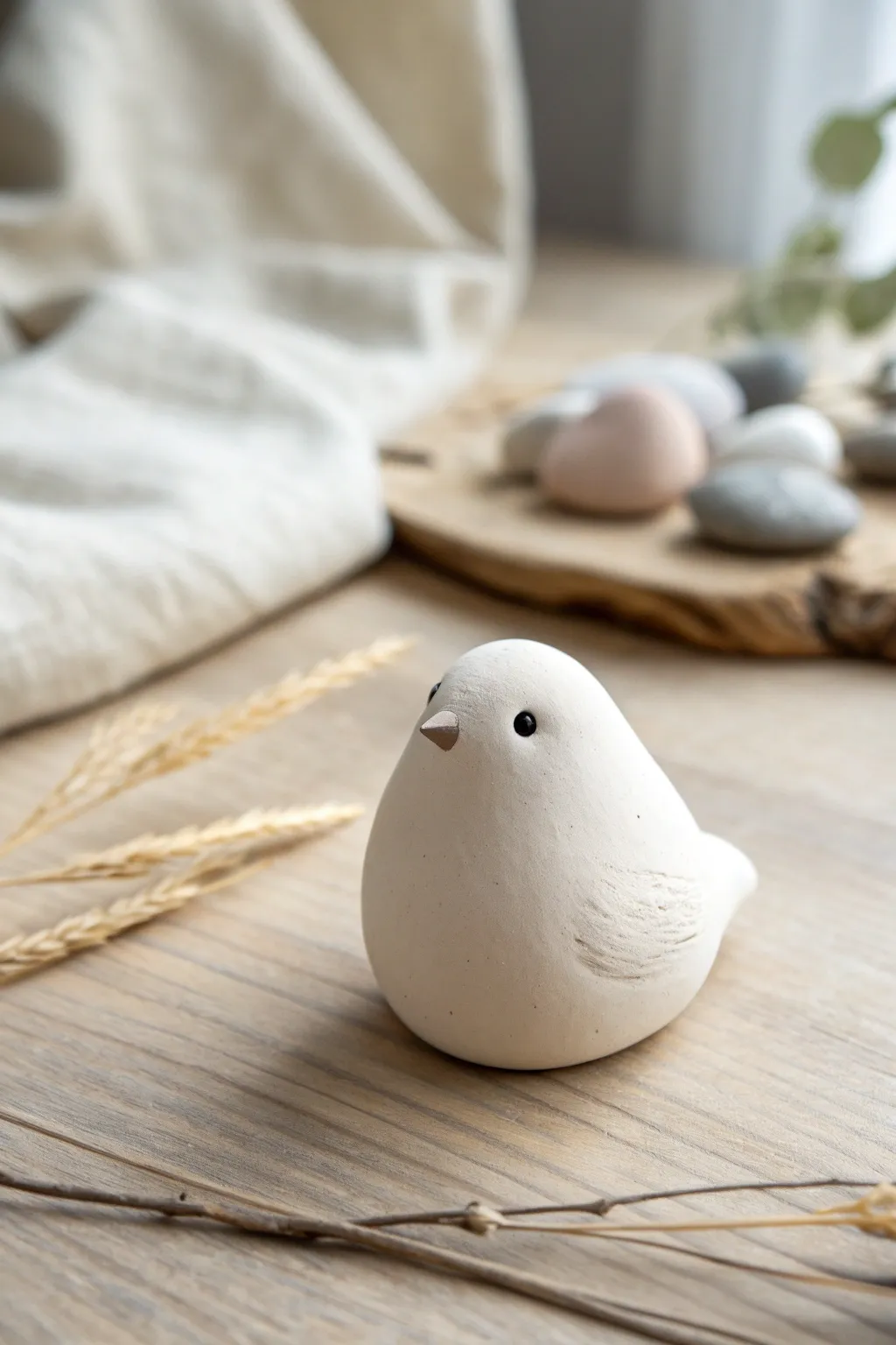 Cute blob bird from three simple clay shapes, clean Nordic styling and cozy handmade charm.