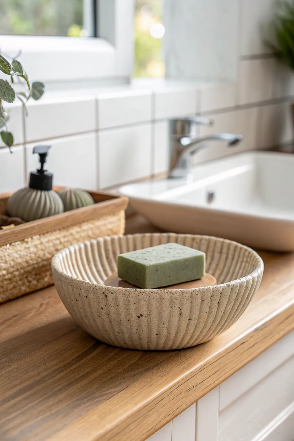 Mini soap dish with drainage ridges, handmade ceramic calm for a bright, minimalist bathroom.