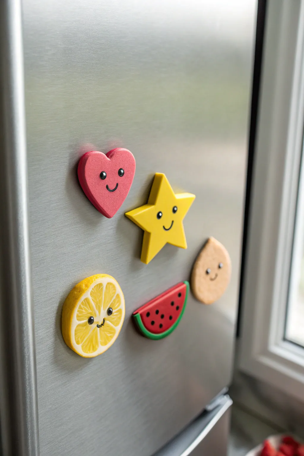Cute handmade clay fridge magnets in simple shapes, bright colors, minimal faces, clean modern vibe.