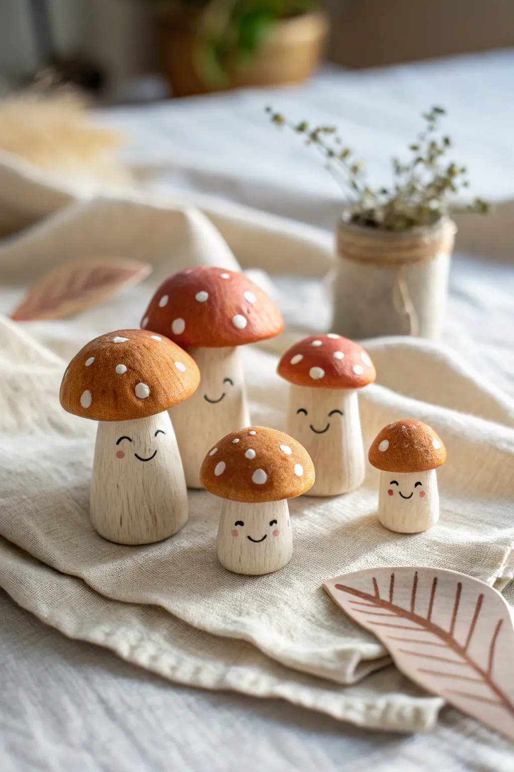 Teeny clay mushroom sprout friends with sweet faces, styled like a tiny minimalist forest