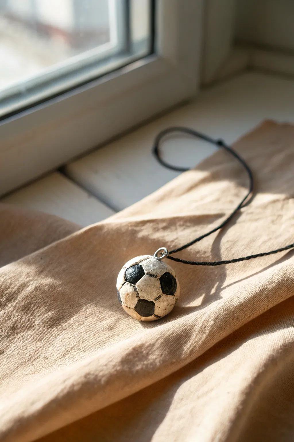 Minimal clay soccer ball pendant necklace, handmade charm with Scandinavian-boho simplicity.