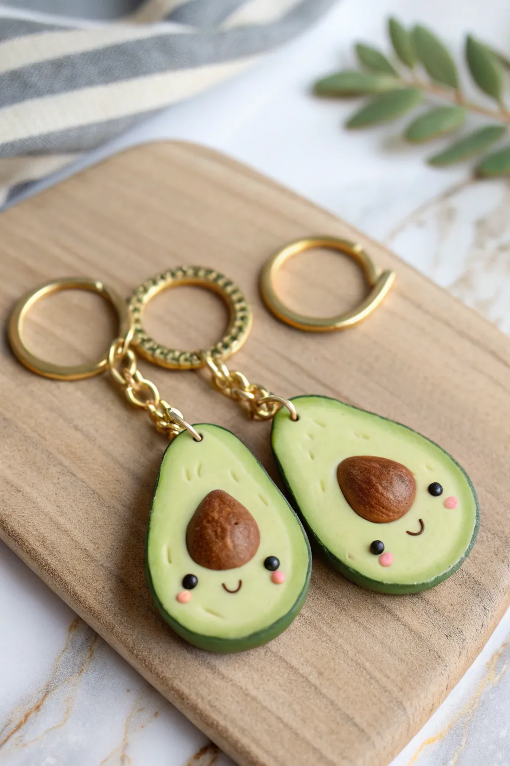 Sweet avocado buddy keychains in soft air dry clay, minimalist and handmade for daily cheer.