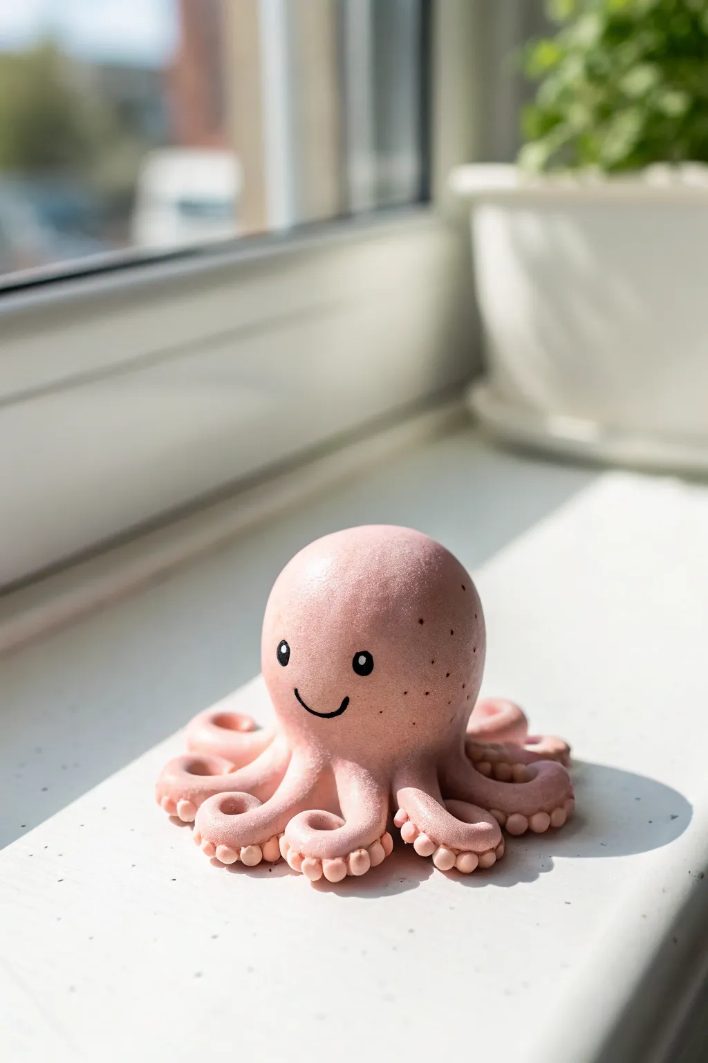 Sweet mini clay octopus with coiled tentacles, minimalist and cute, photographed in soft light.