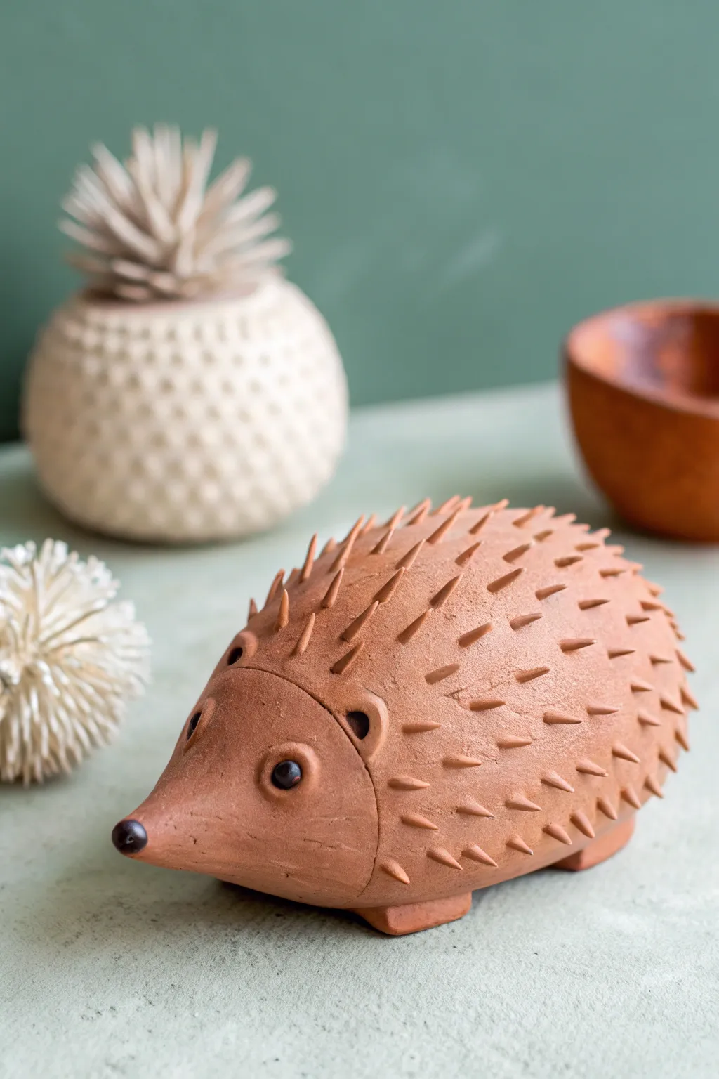 Sweet half-dome clay hedgehog with toothpick spikes, a simple and cute pottery idea for kids.