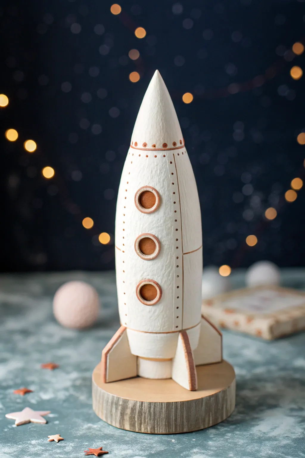 Classic pastel clay rocket with portholes, standing bright against a dreamy midnight star backdrop.