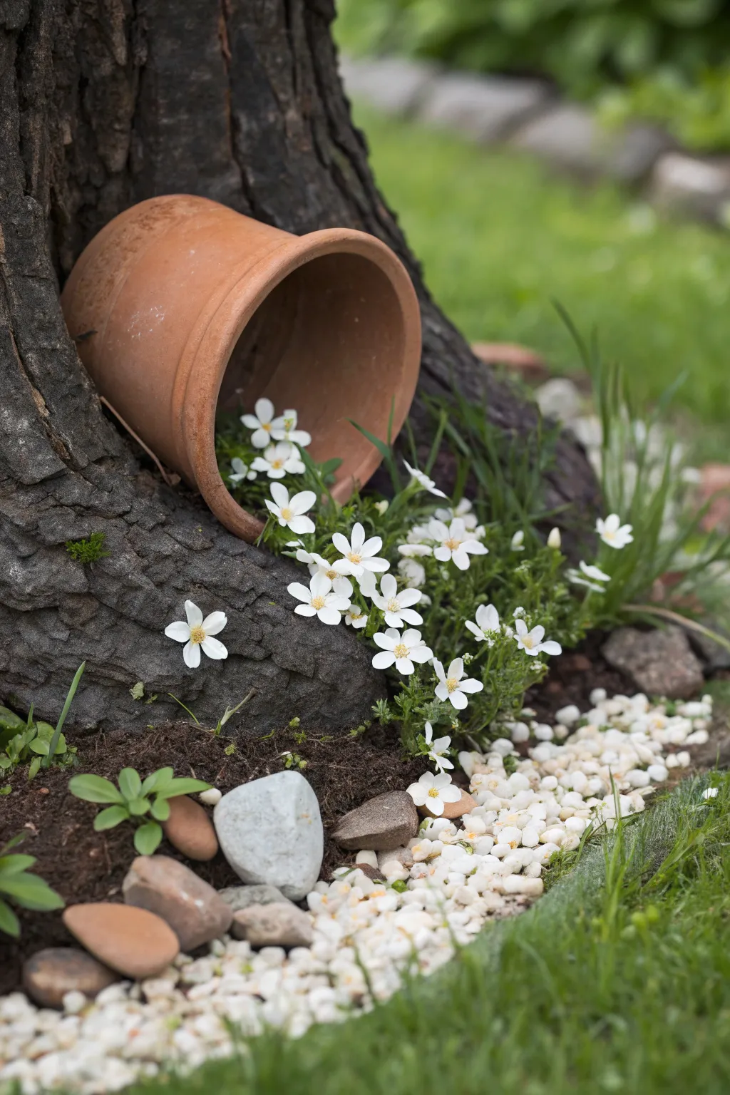 Broken pot river of white blooms circling the trunk for an easy, dreamy tree-base border